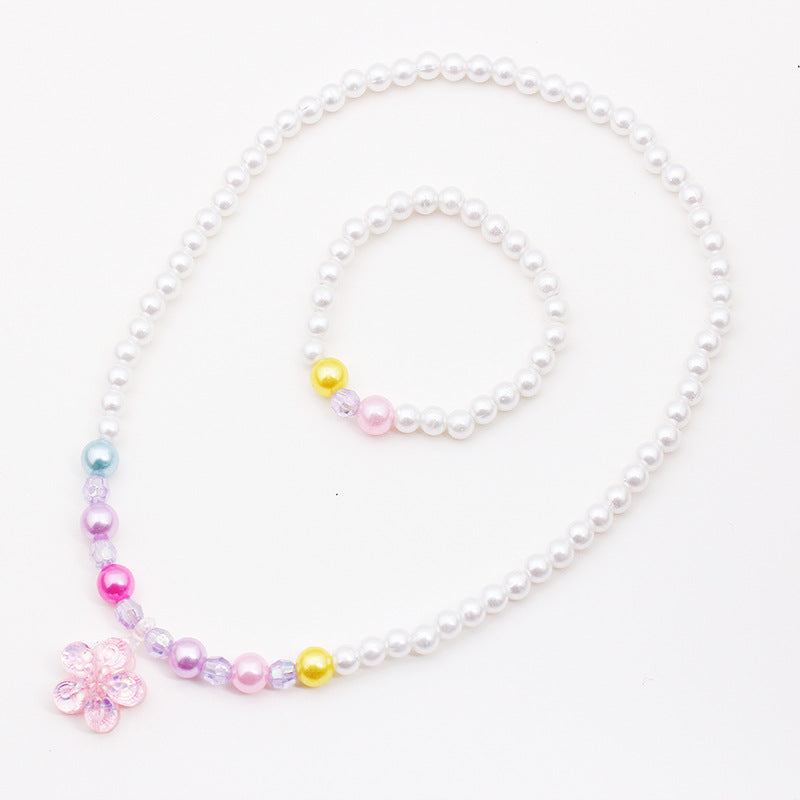 Handmade Artificial Pearl Necklace and Bracelet Set with Flower Pendant