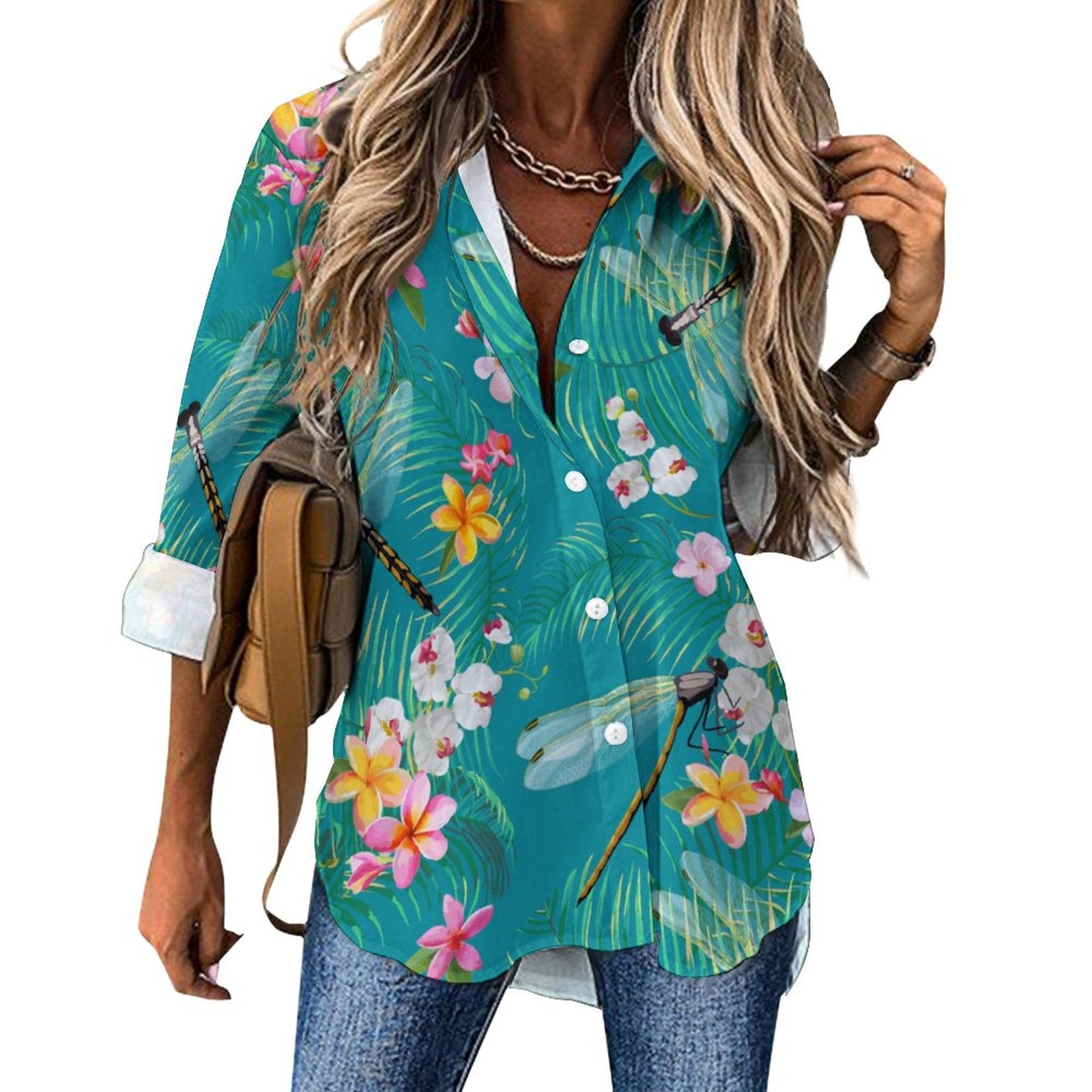 Women's Irregular Hem Button-Up Shirt - Tropical Dragonflies