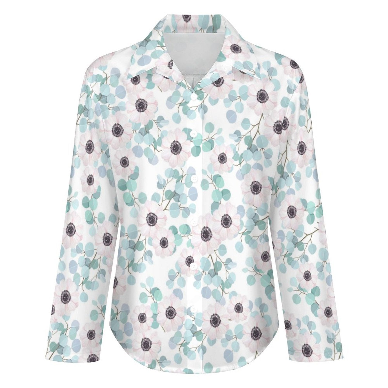 Women's Irregular Hem Button-Up Shirt - Eucalyptus Blossoms