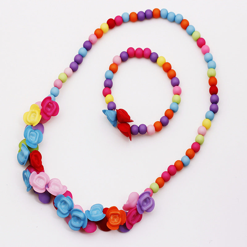 Ensemble collier et bracelet de perles guirlande de fleurs multicolores 