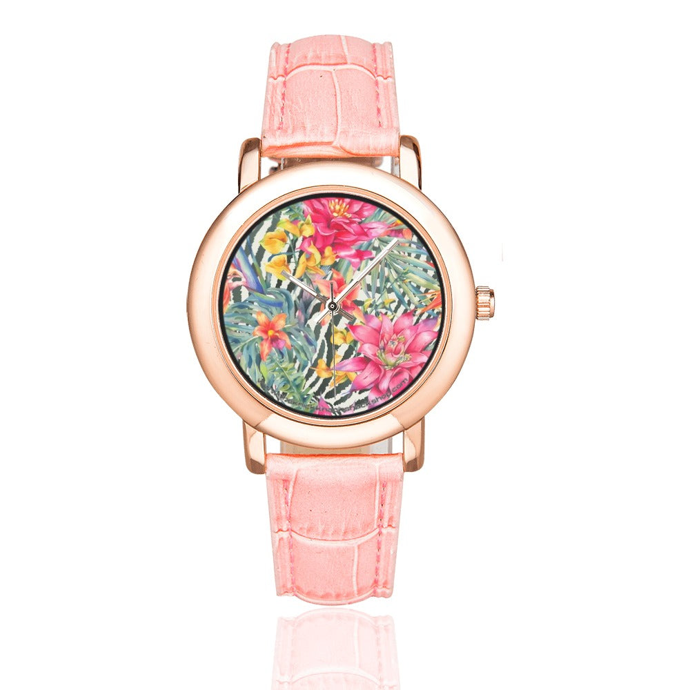 Women's Rose Gold Leather Strap Watch - Bromeliad & Zebra