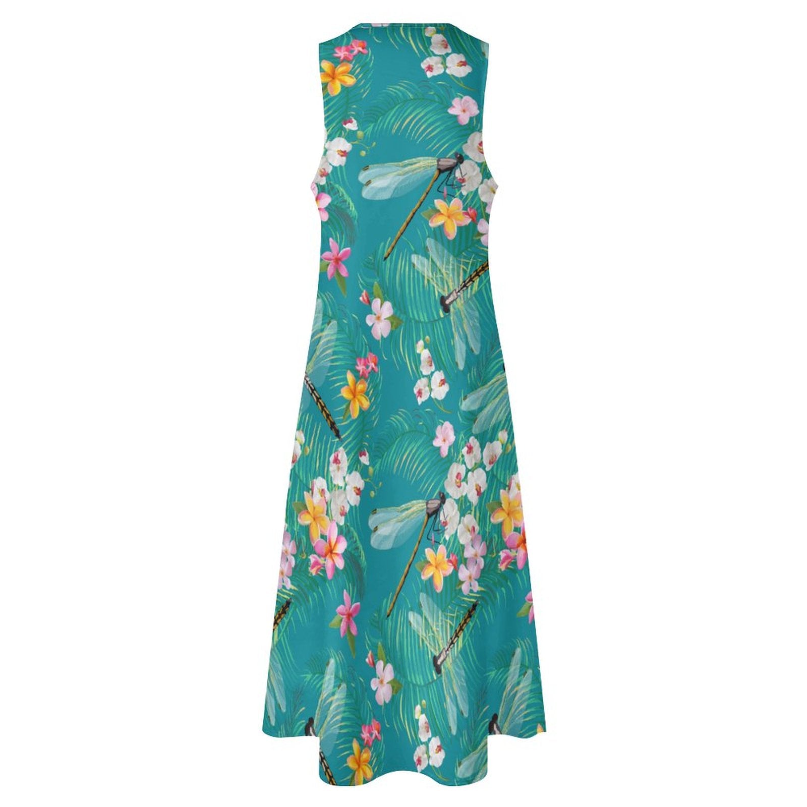 Sleeveless Ankle-Length Shift Dress - Tropical Dragonflies