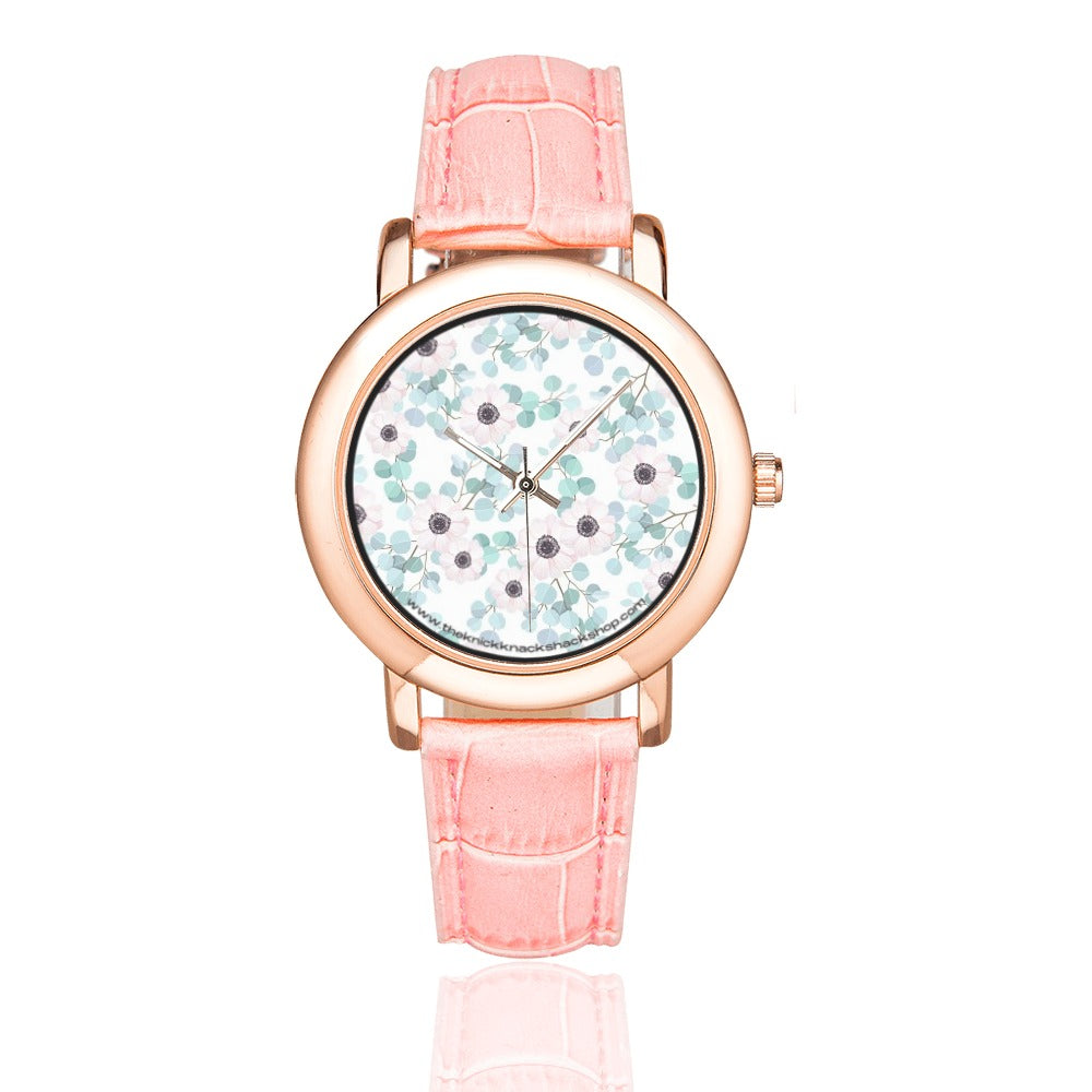 Women's Rose Gold Leather Strap Watch - Eucalyptus Blossoms