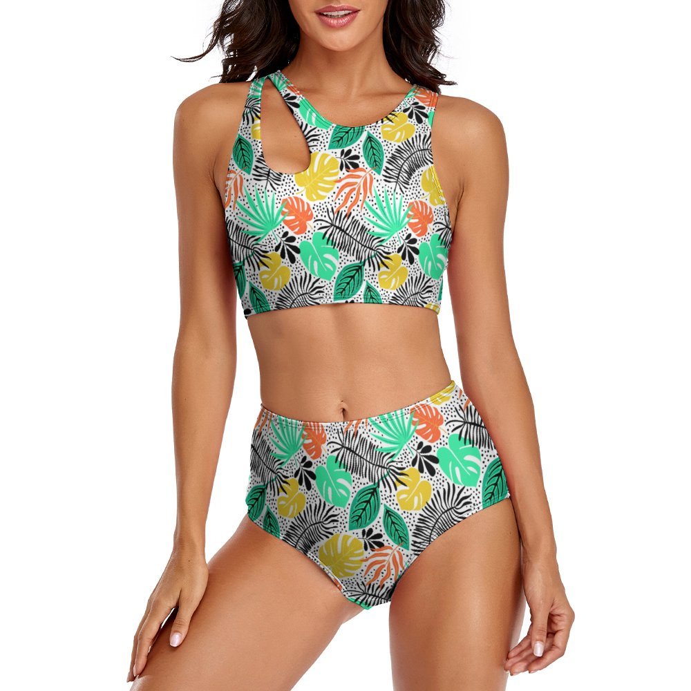 High-Waist Asymmetrical Shoulder Bikini - Bright Tropical Print