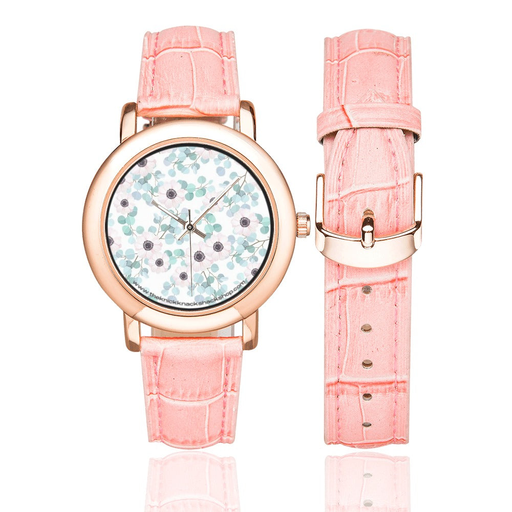 Women's Rose Gold Leather Strap Watch - Eucalyptus Blossoms