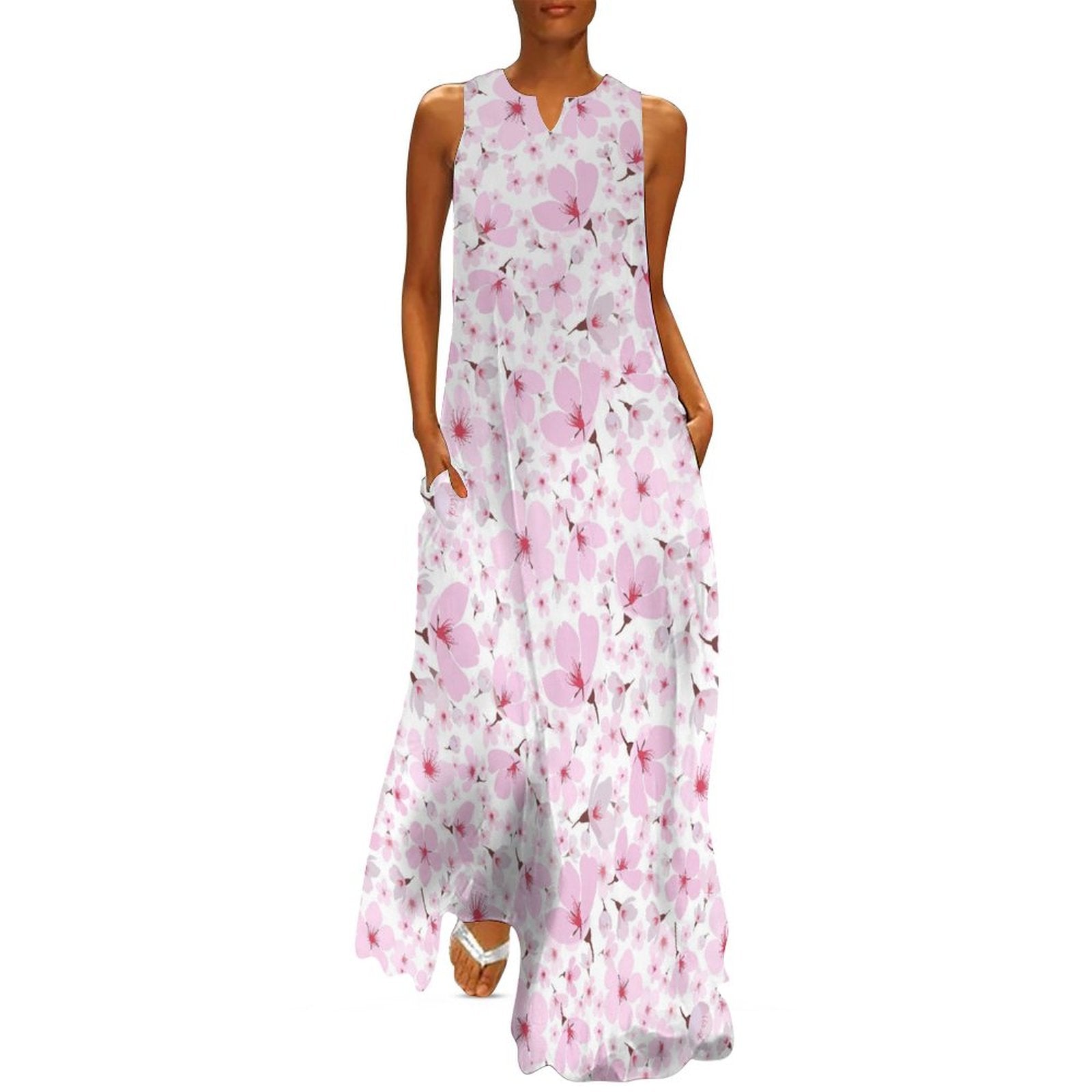 Sleeveless Ankle-Length Shift Dress - Cherry Blossoms