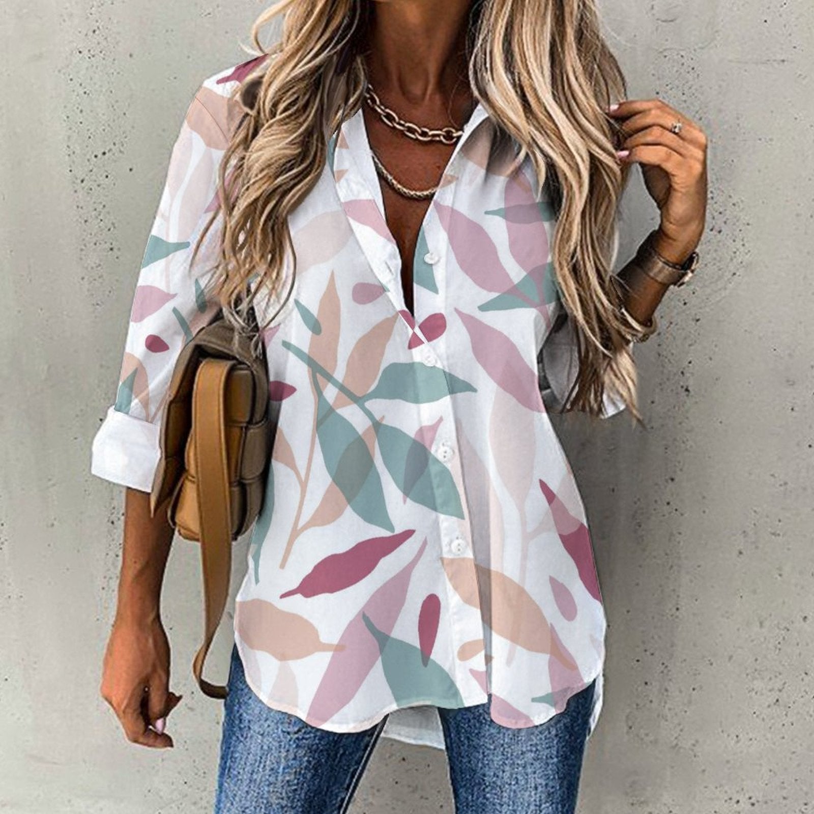 Women's Irregular Hem Button-Up Shirt - Botanicals in Mauve