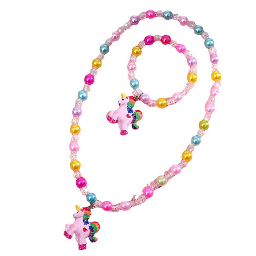 Unicorn-Shaped Plastic Resin Bead Ring, Earrings & Bracelet Set
