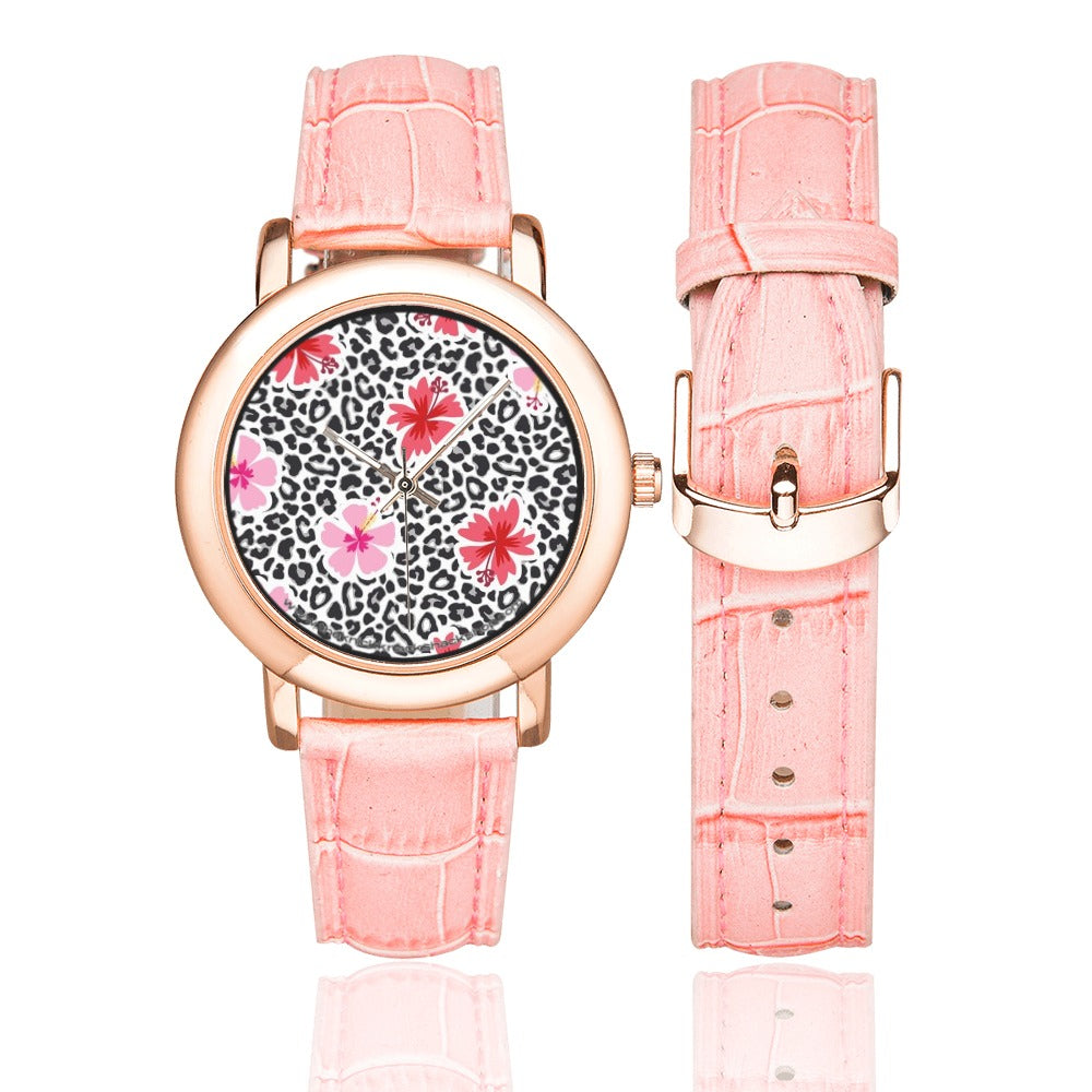 Women's Rose Gold Leather Strap Watch - Hibiscus & Leopard