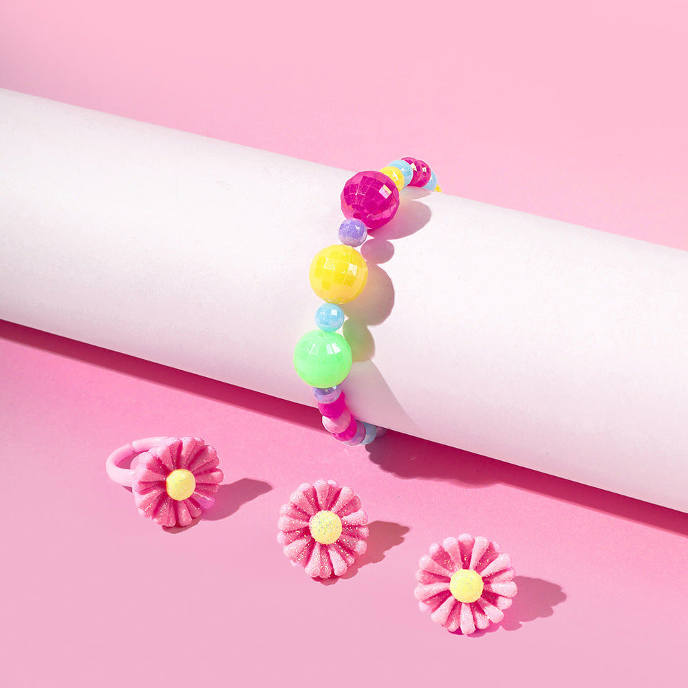 Flower-Shaped Plastic Resin Bead Ring, Earrings & Bracelet Set