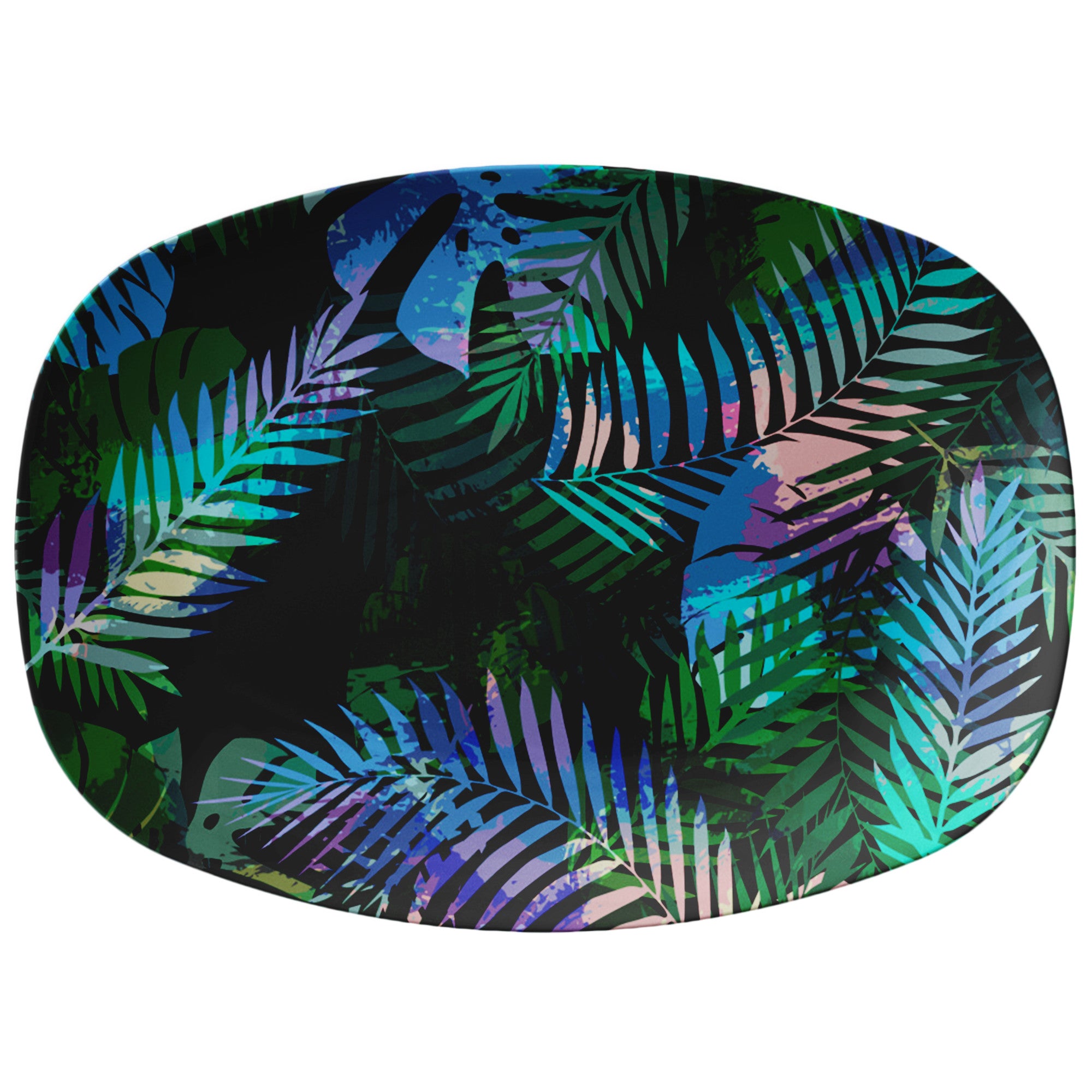 Plato de servicio de polímero impreso - Estampado tropical en pavo real