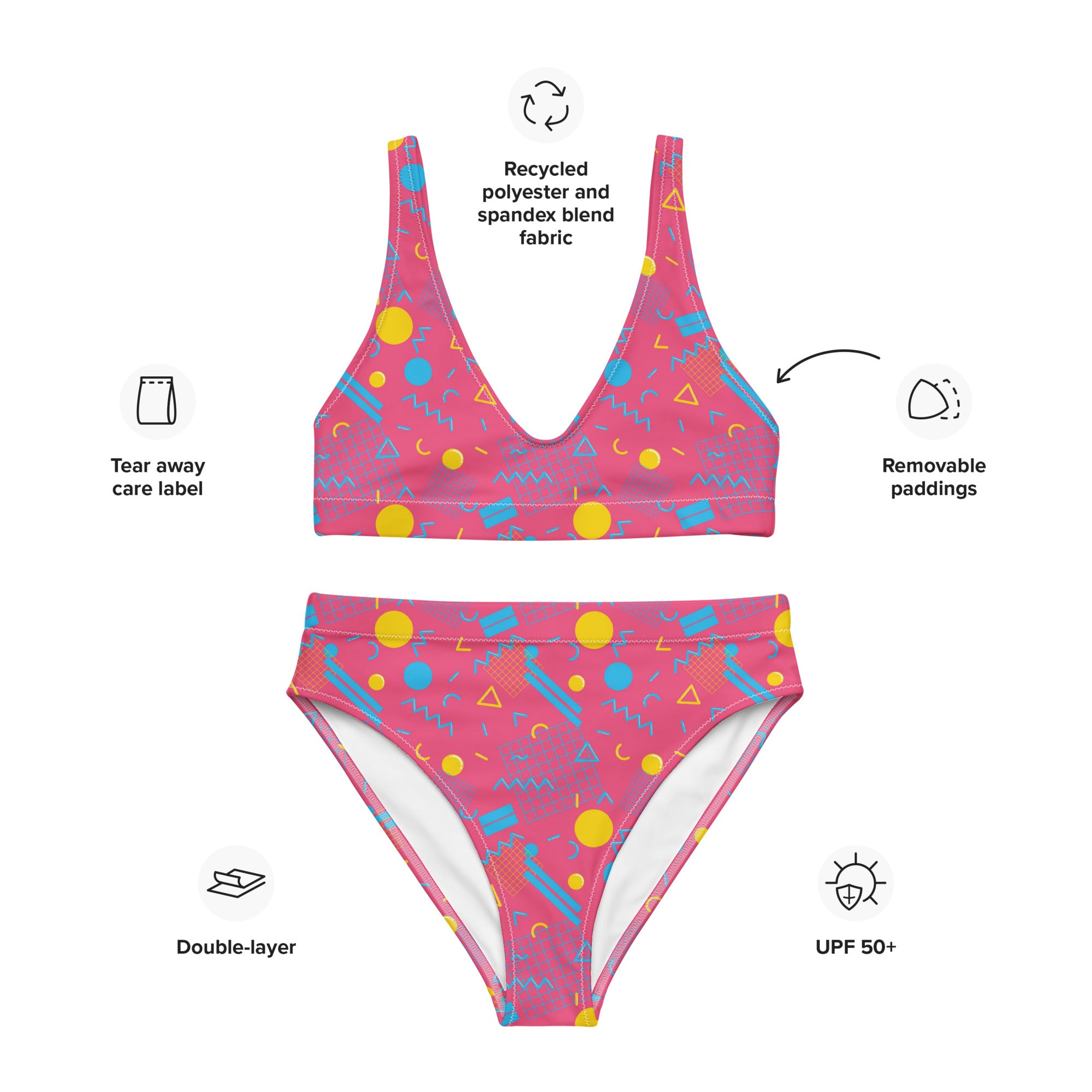 Bikini de sport taille haute imprimé en rPET - 1984 Rose