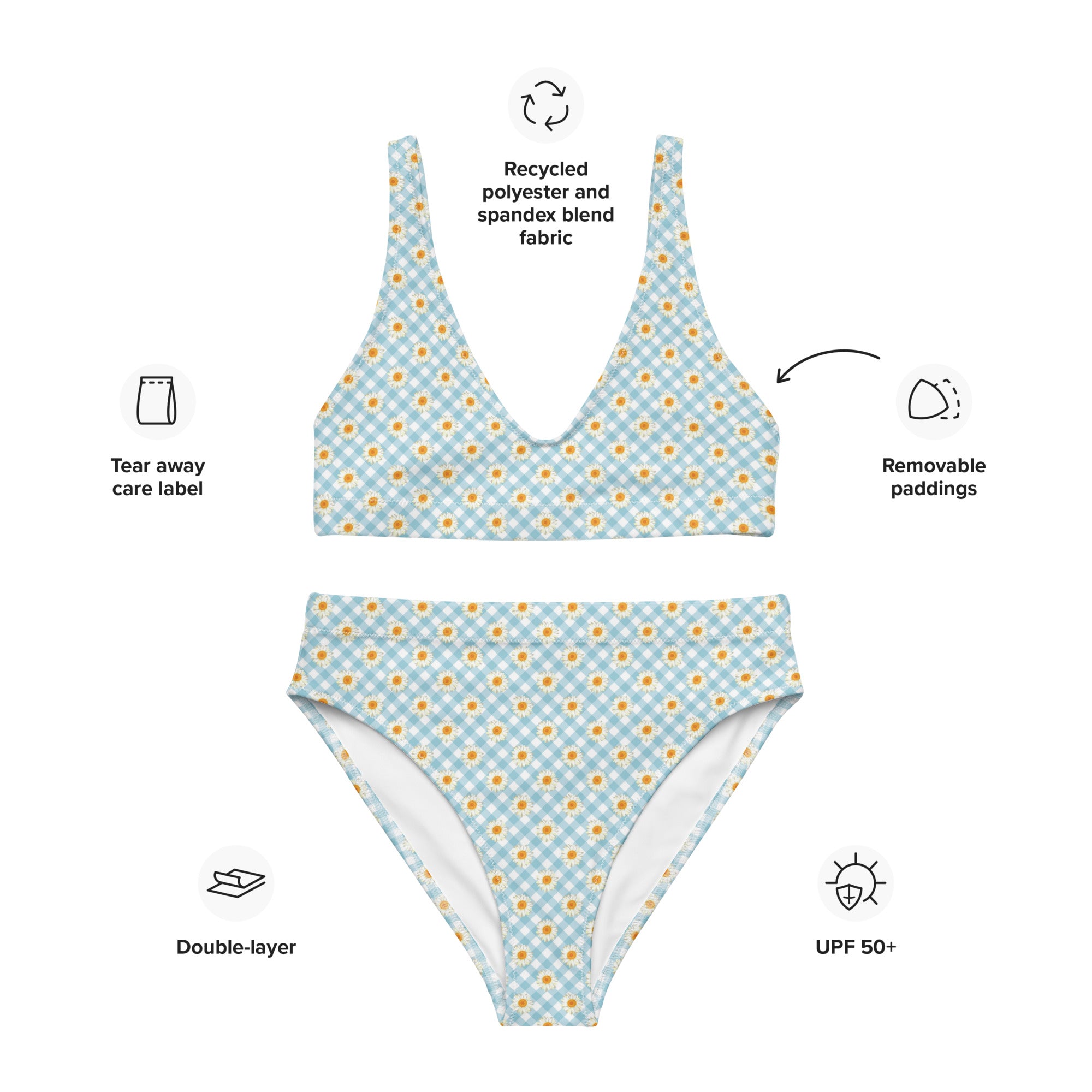 Printed rPET High-Waist Sport Bikini - Blue Gingham Daisies