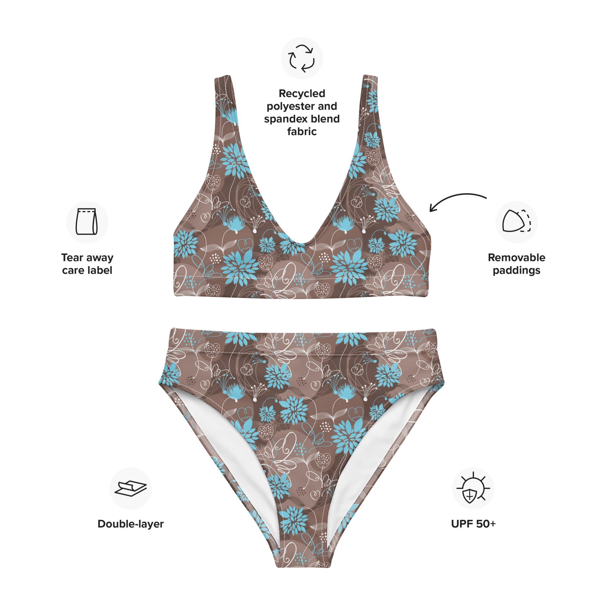 Printed rPET High-Waist Sport Bikini - Botanical Brown