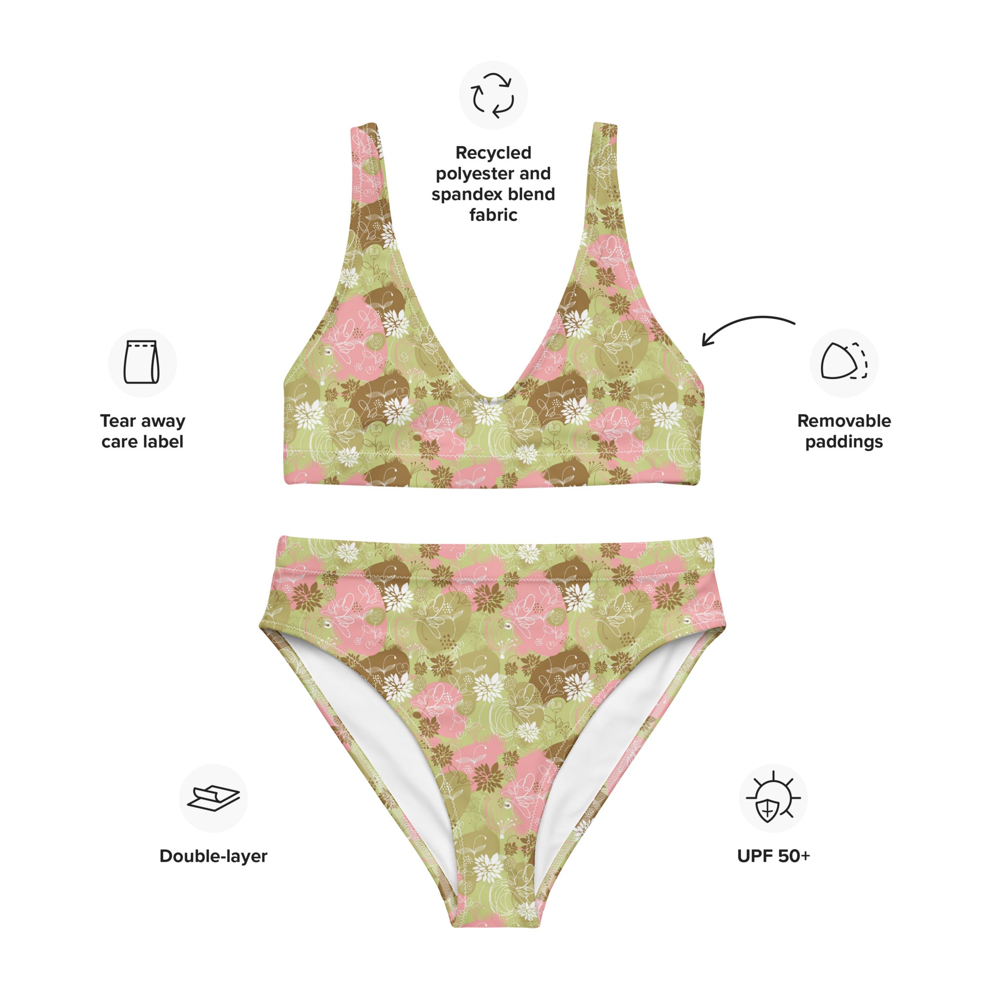 Printed rPET High-Waist Sport Bikini - Botanical Green