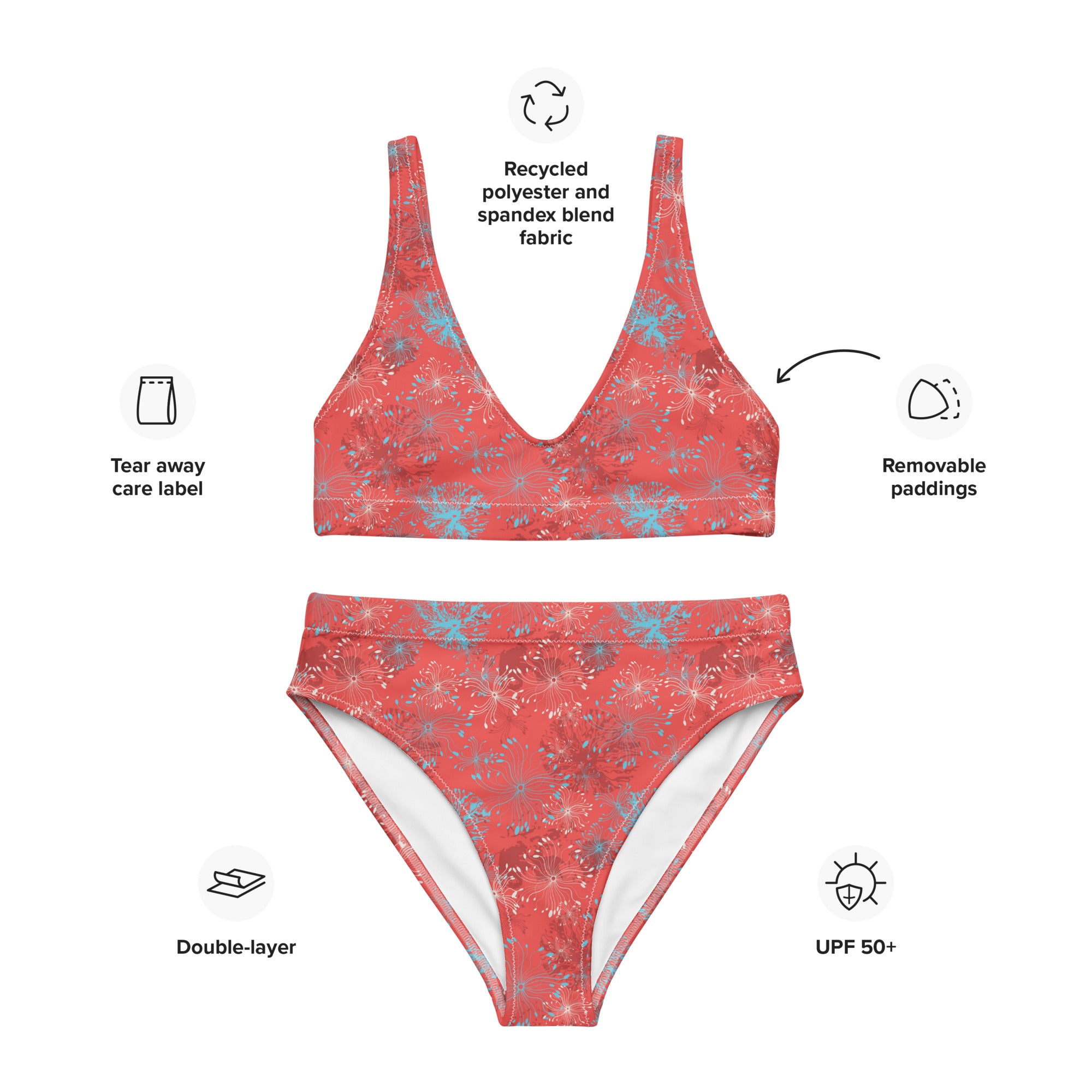 Bikini deportivo de cintura alta de rPET estampado - Rojo botánico