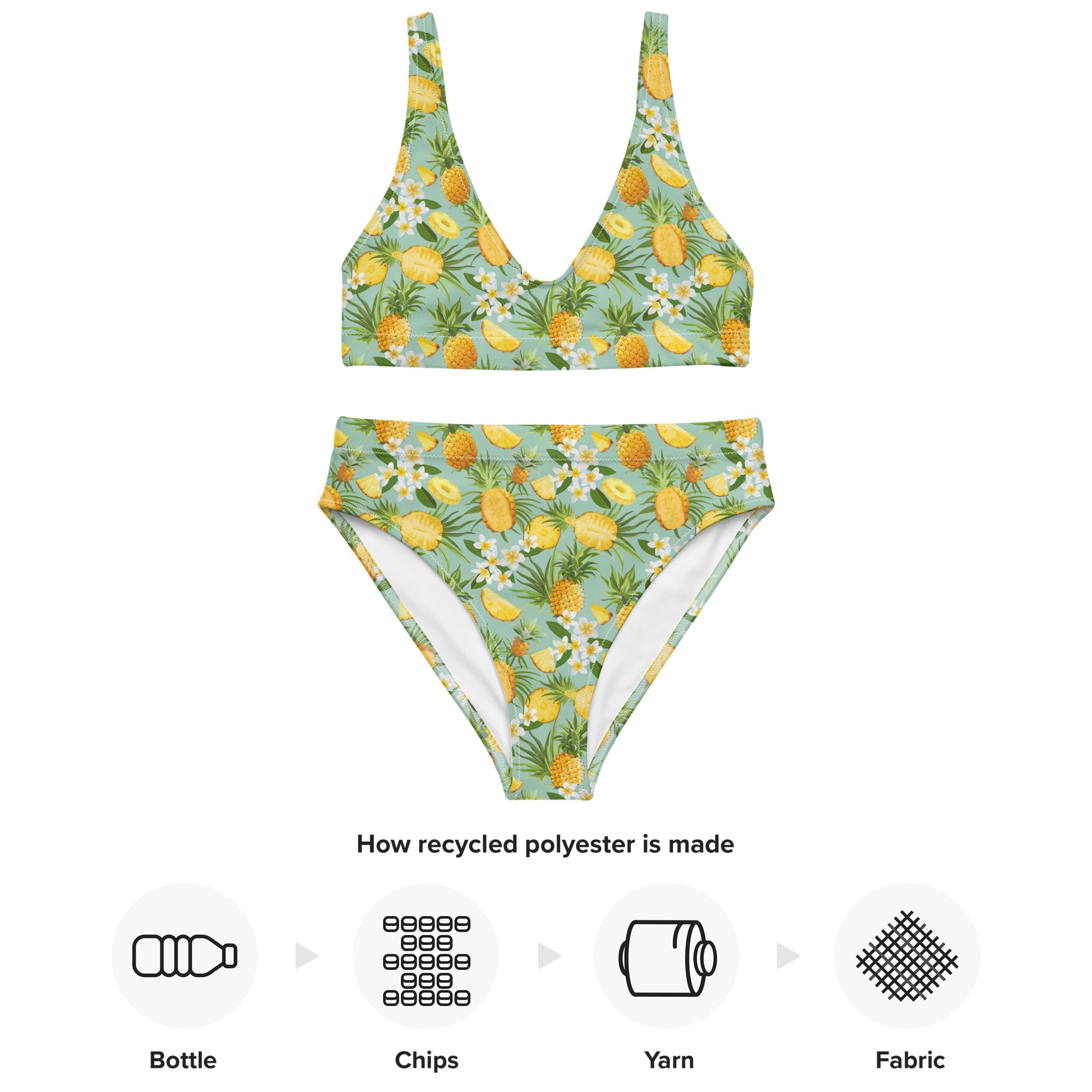 Bikini de sport taille haute imprimé en rPET - Ananas et Plumeria (Vert)