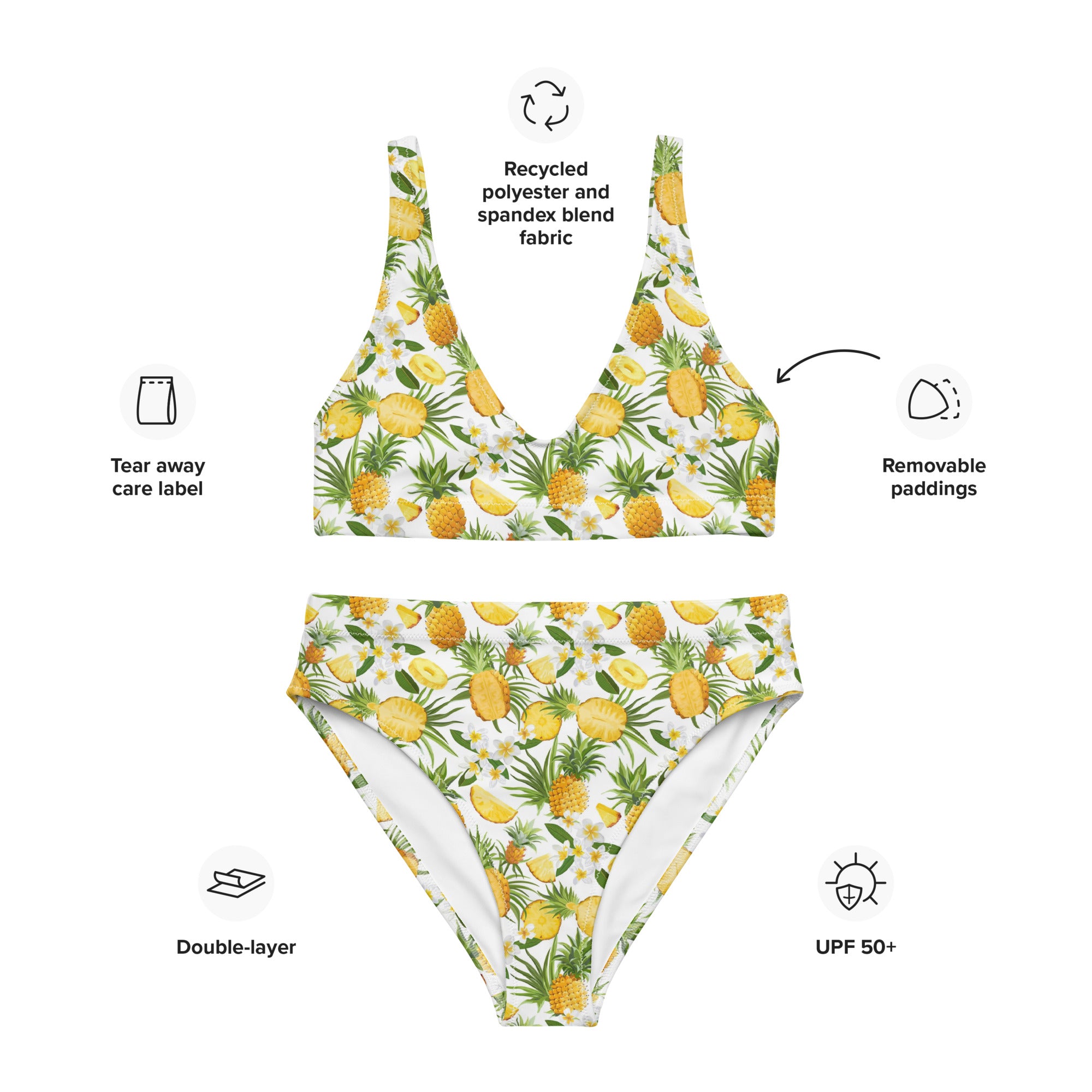 Printed rPET High-Waist Sport Bikini - Pineapples & Plumeria (White)