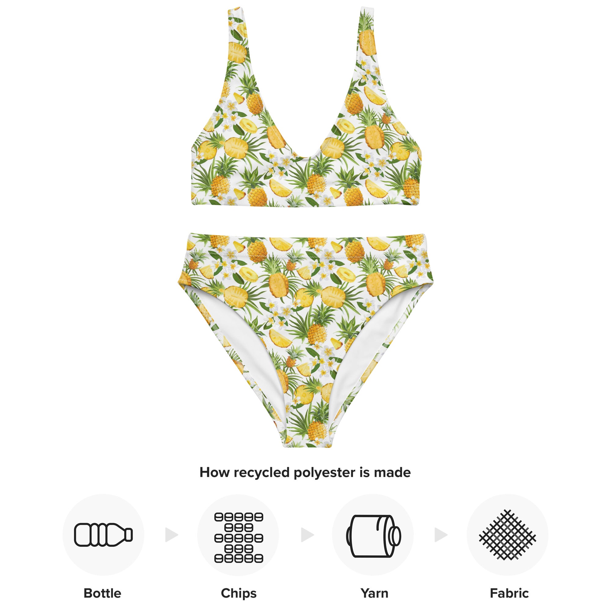 Printed rPET High-Waist Sport Bikini - Pineapples & Plumeria (White)