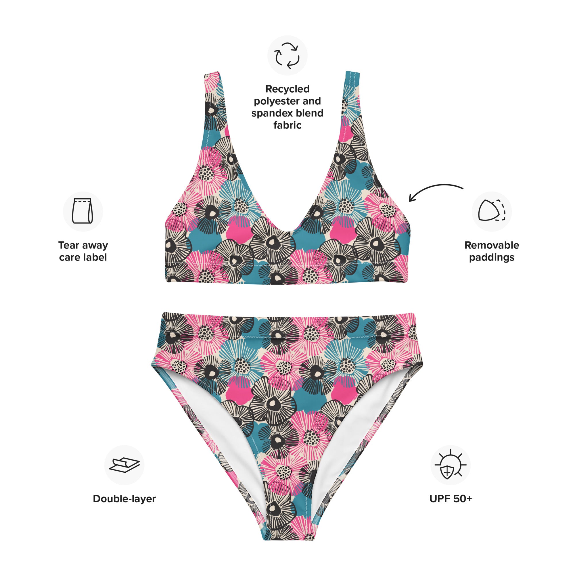 Bikini deportivo de cintura alta de rPET estampado - Retro Floral