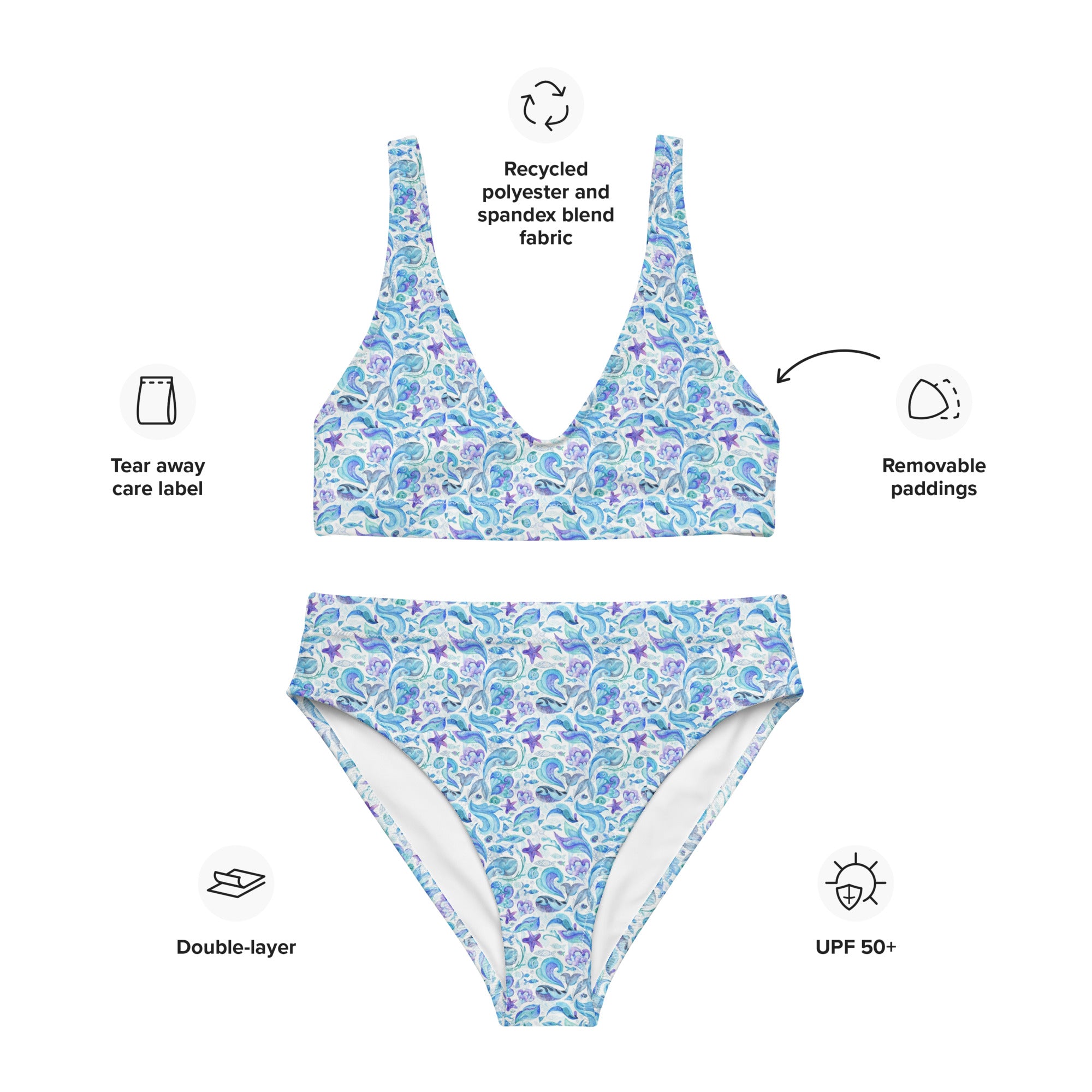 Printed rPET High-Waist Sport Bikini - Whales