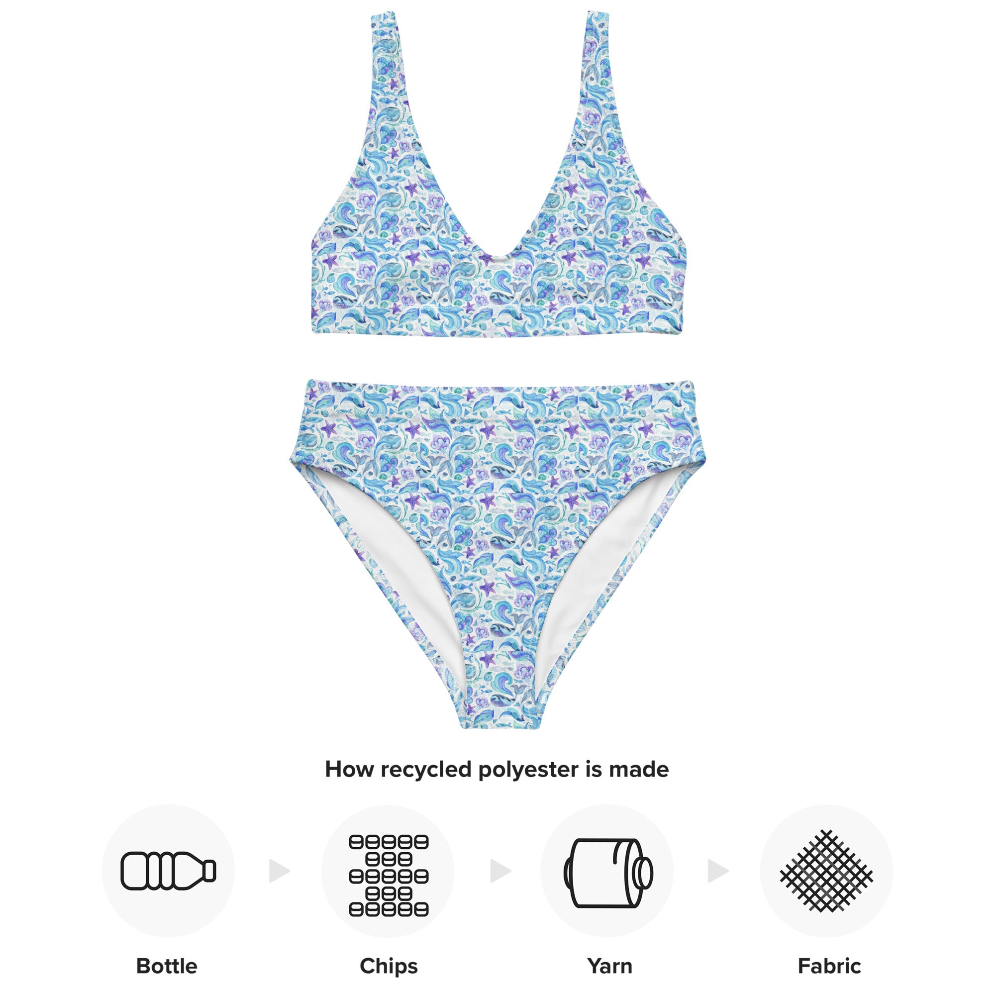 Printed rPET High-Waist Sport Bikini - Whales