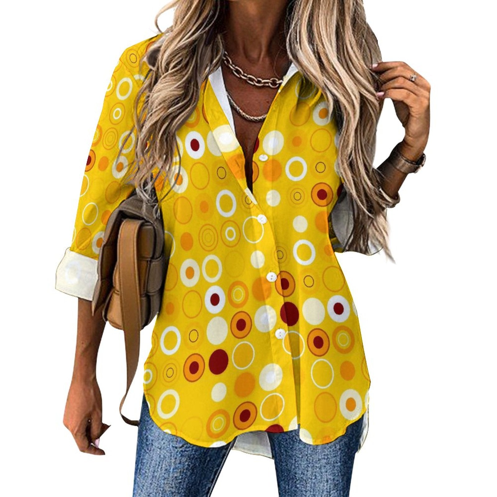 Women's Irregular Hem Button-Up Shirt - Disco Dots