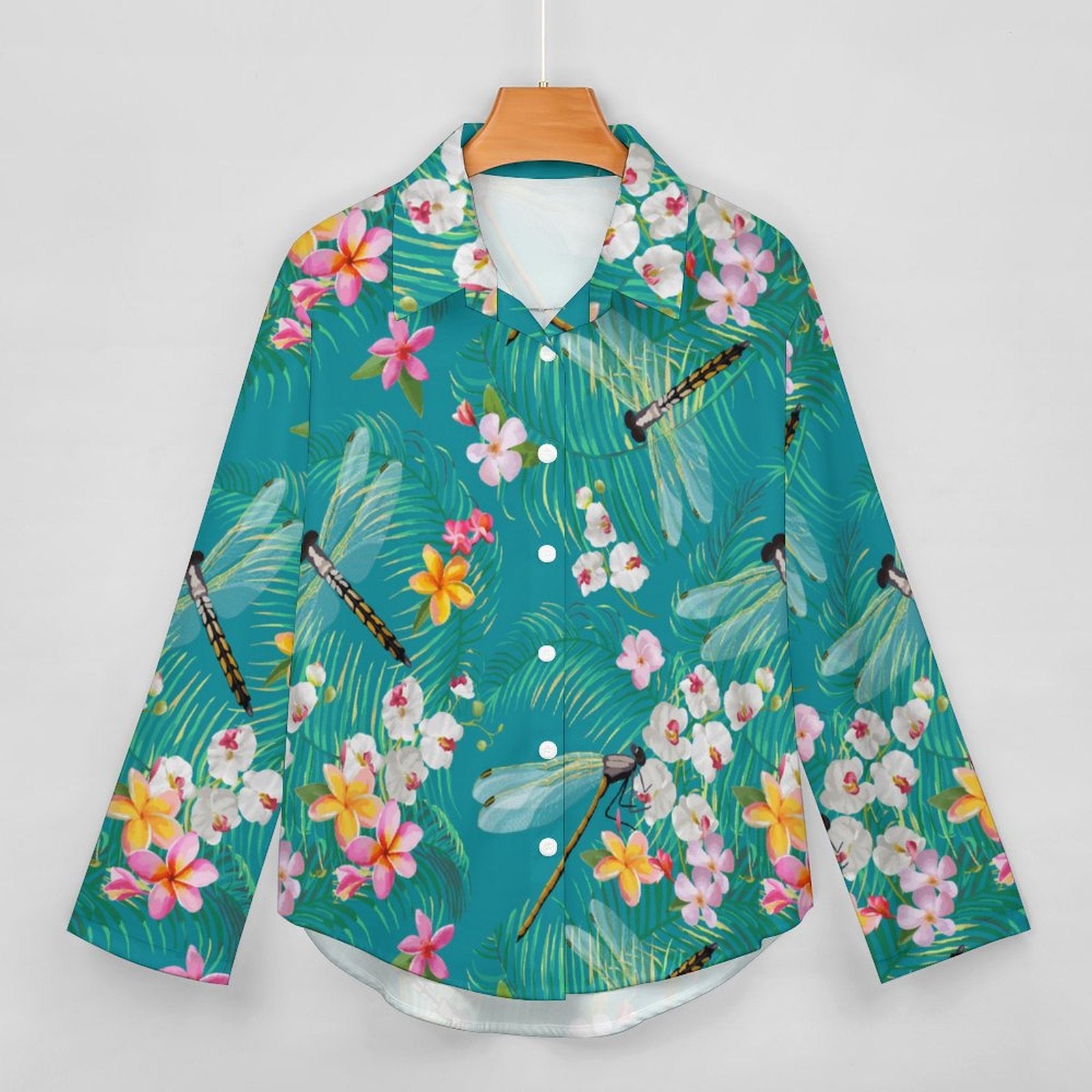 Women's Irregular Hem Button-Up Shirt - Tropical Dragonflies