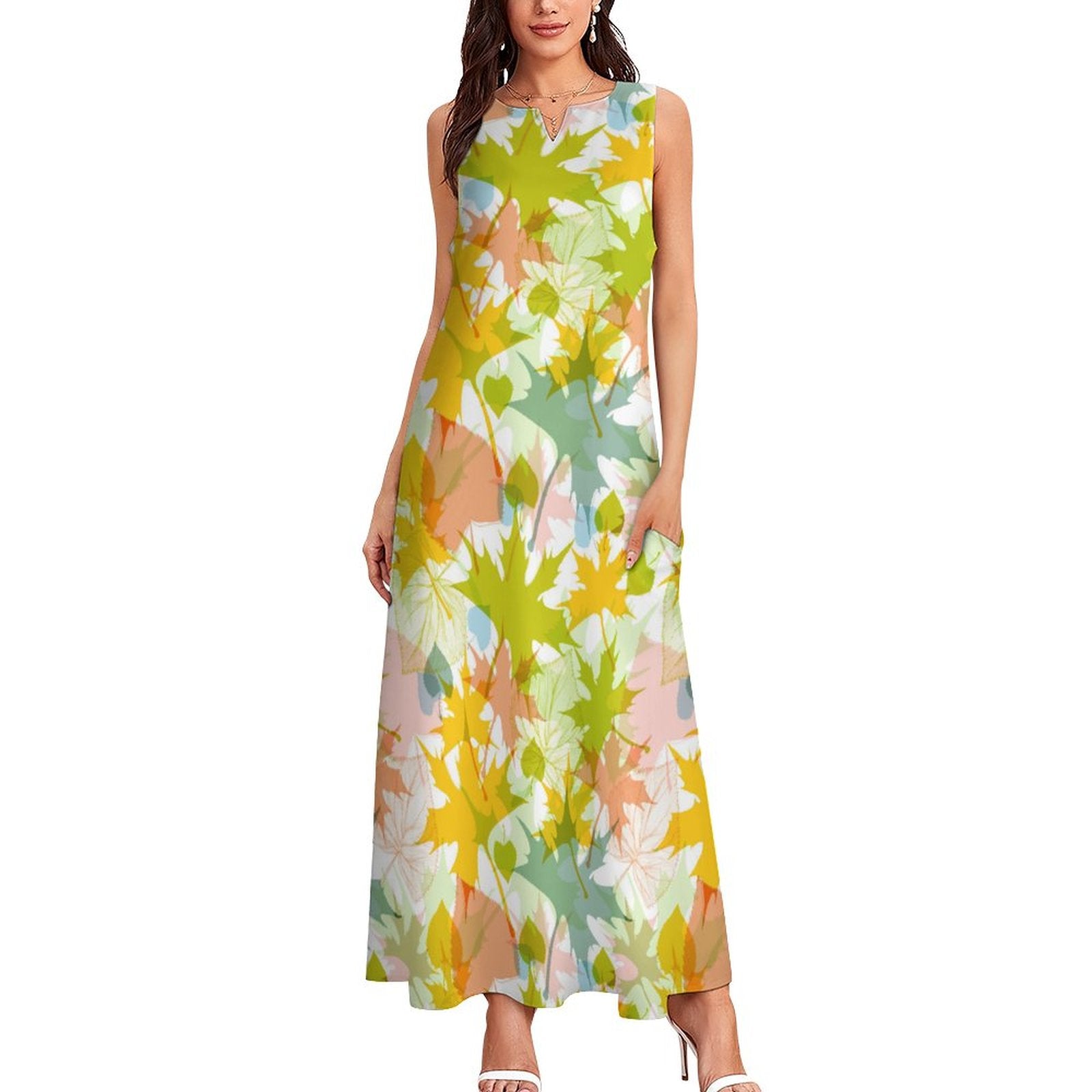 Sleeveless Ankle-Length Shift Dress - Fall Foliage