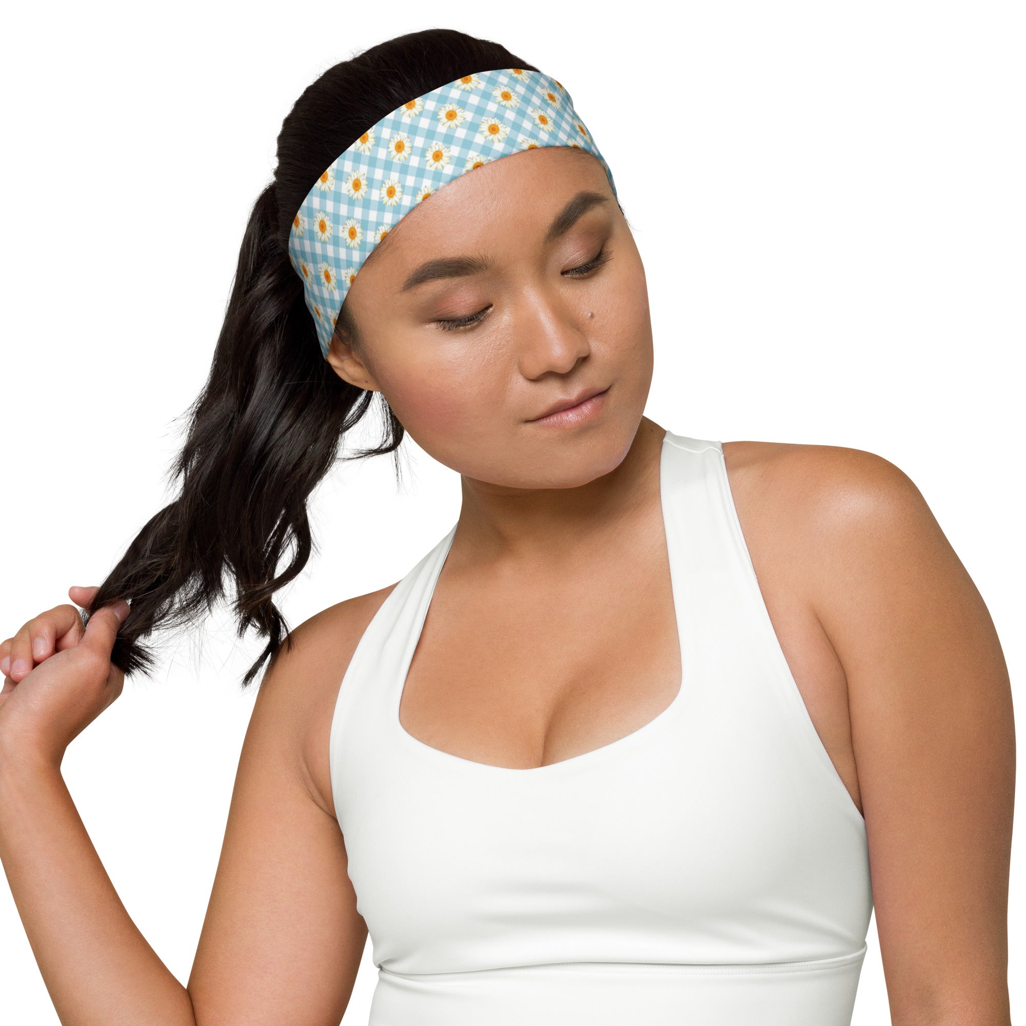 Women's Printed Headband - Blue Gingham Daisies