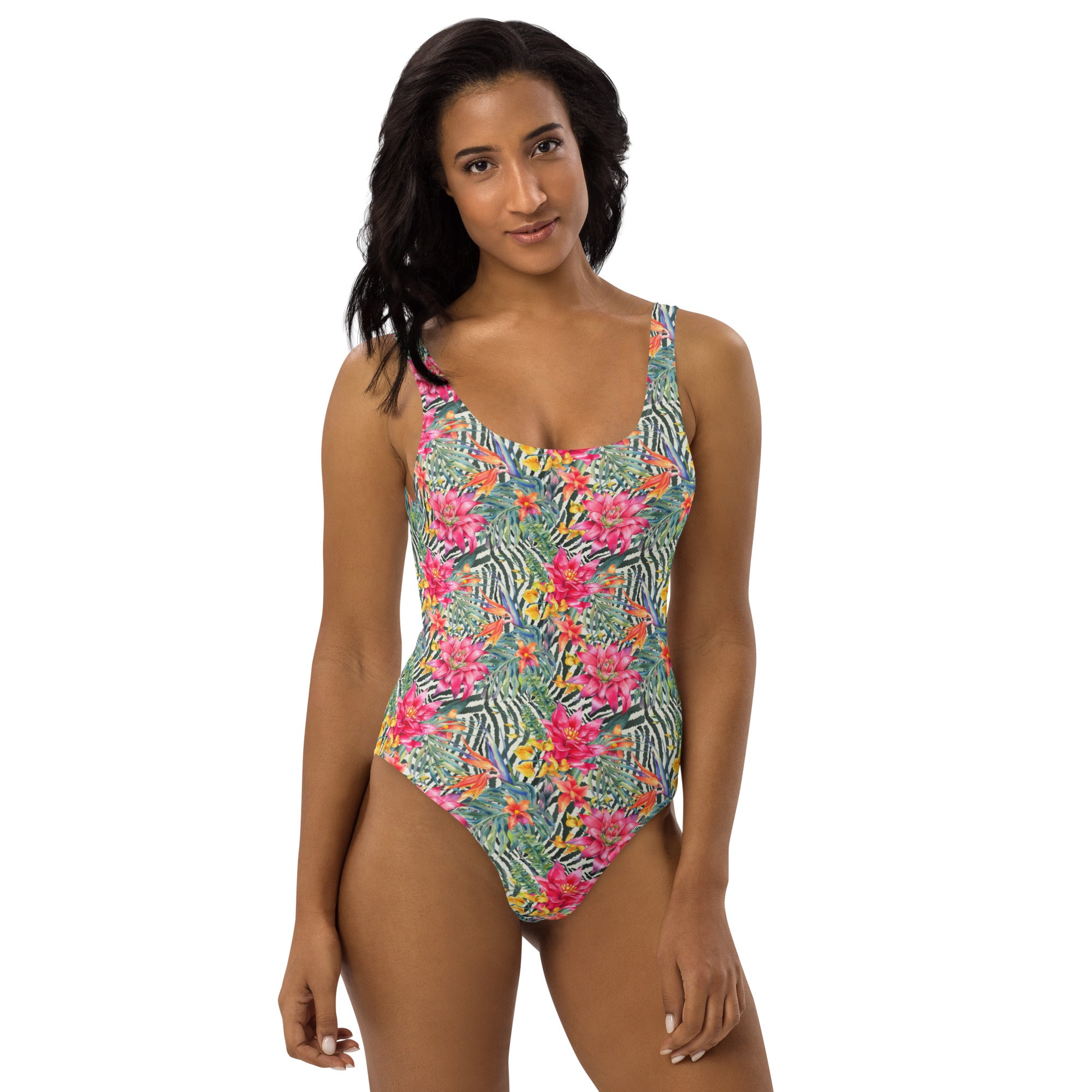 Printed One-Piece Swimsuit - Bromeliad & Zebra