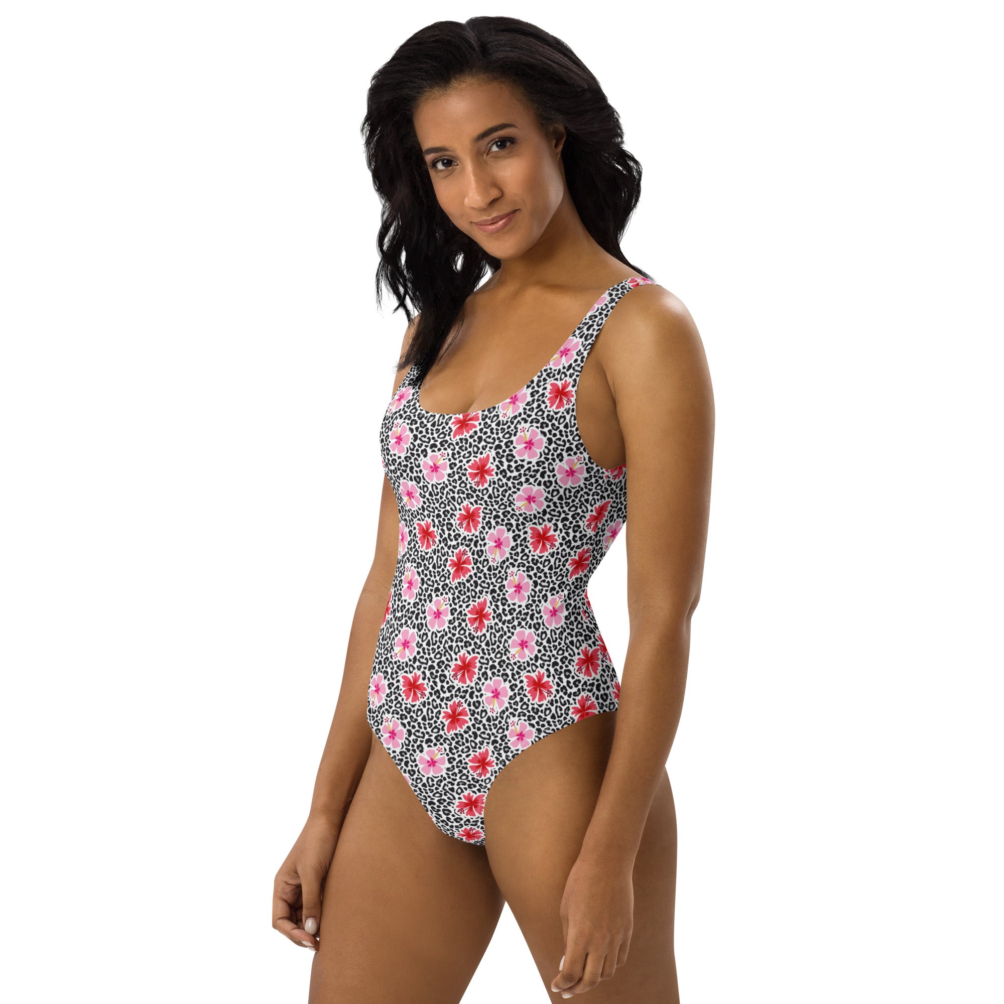 Printed One-Piece Swimsuit - Hibiscus & Leopard