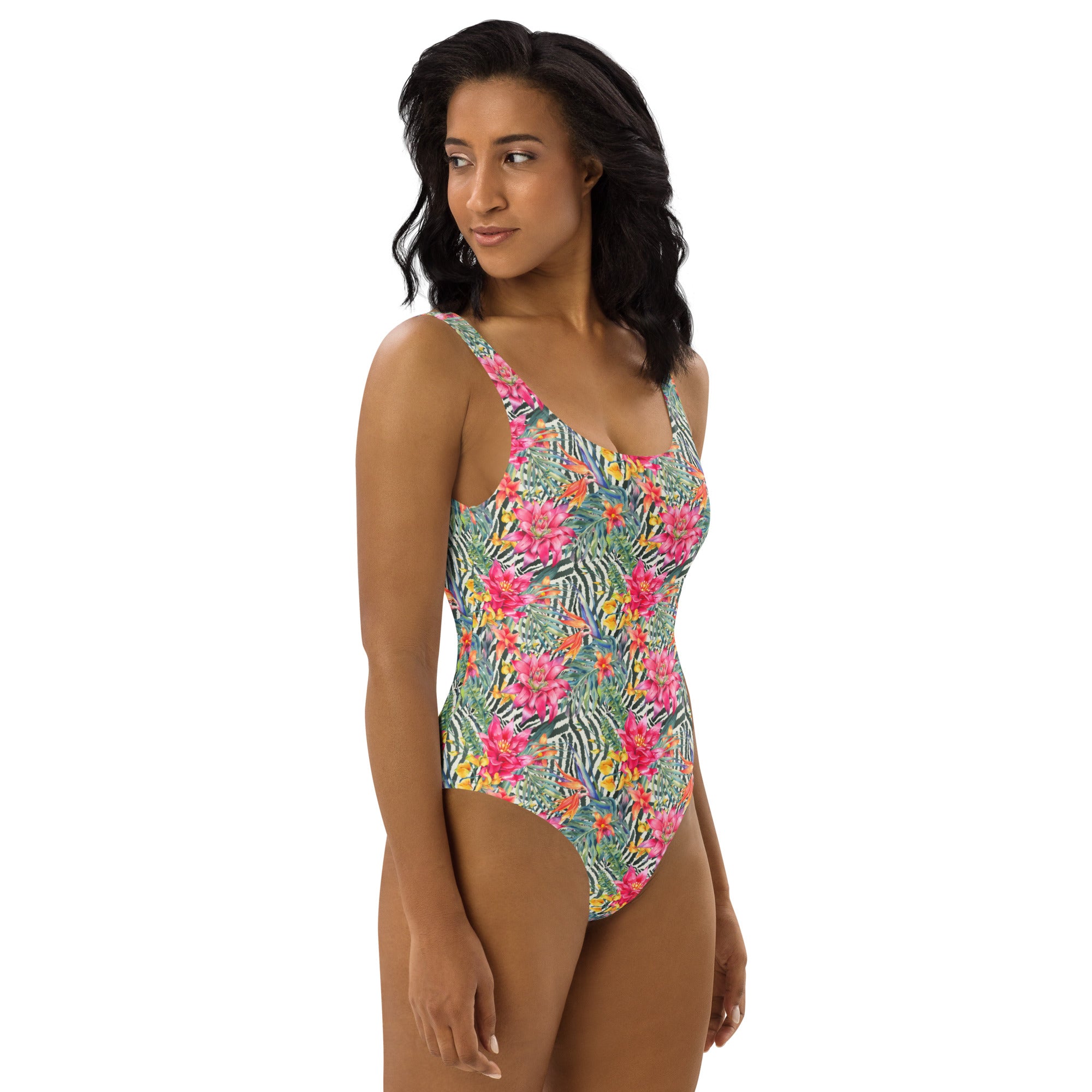 Printed One-Piece Swimsuit - Bromeliad & Zebra