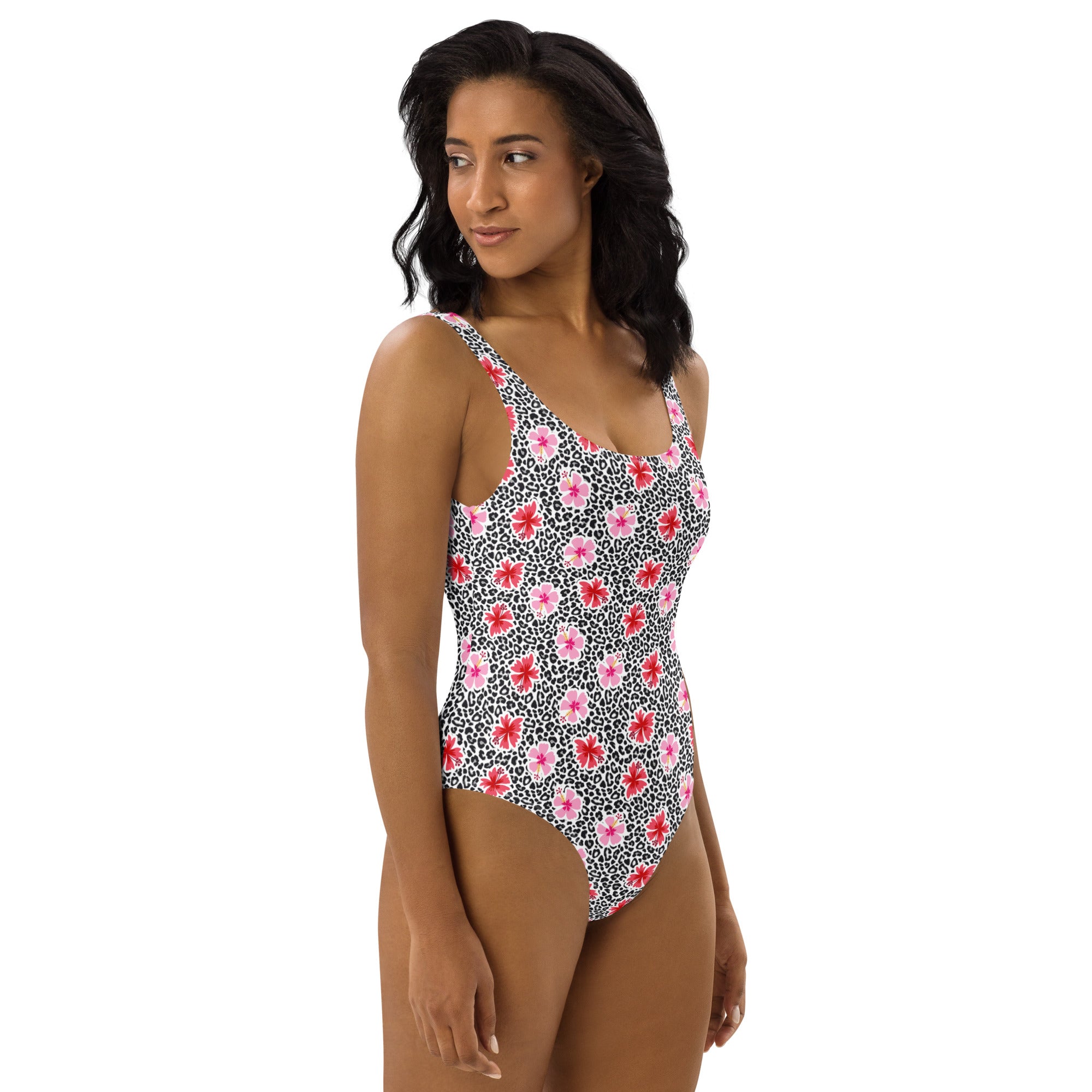 Printed One-Piece Swimsuit - Hibiscus & Leopard