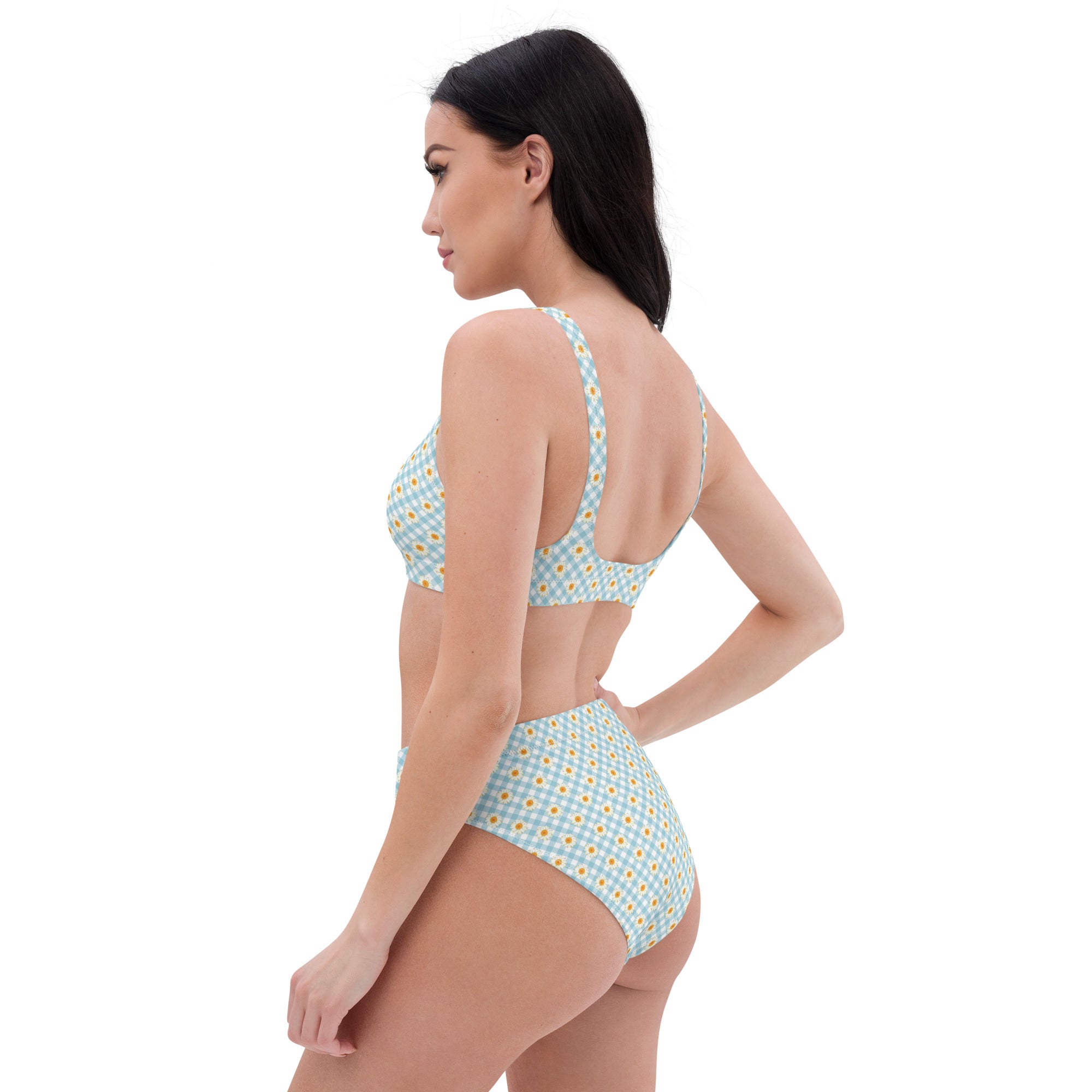 Bikini de sport taille haute imprimé en rPET - Marguerites vichy bleues