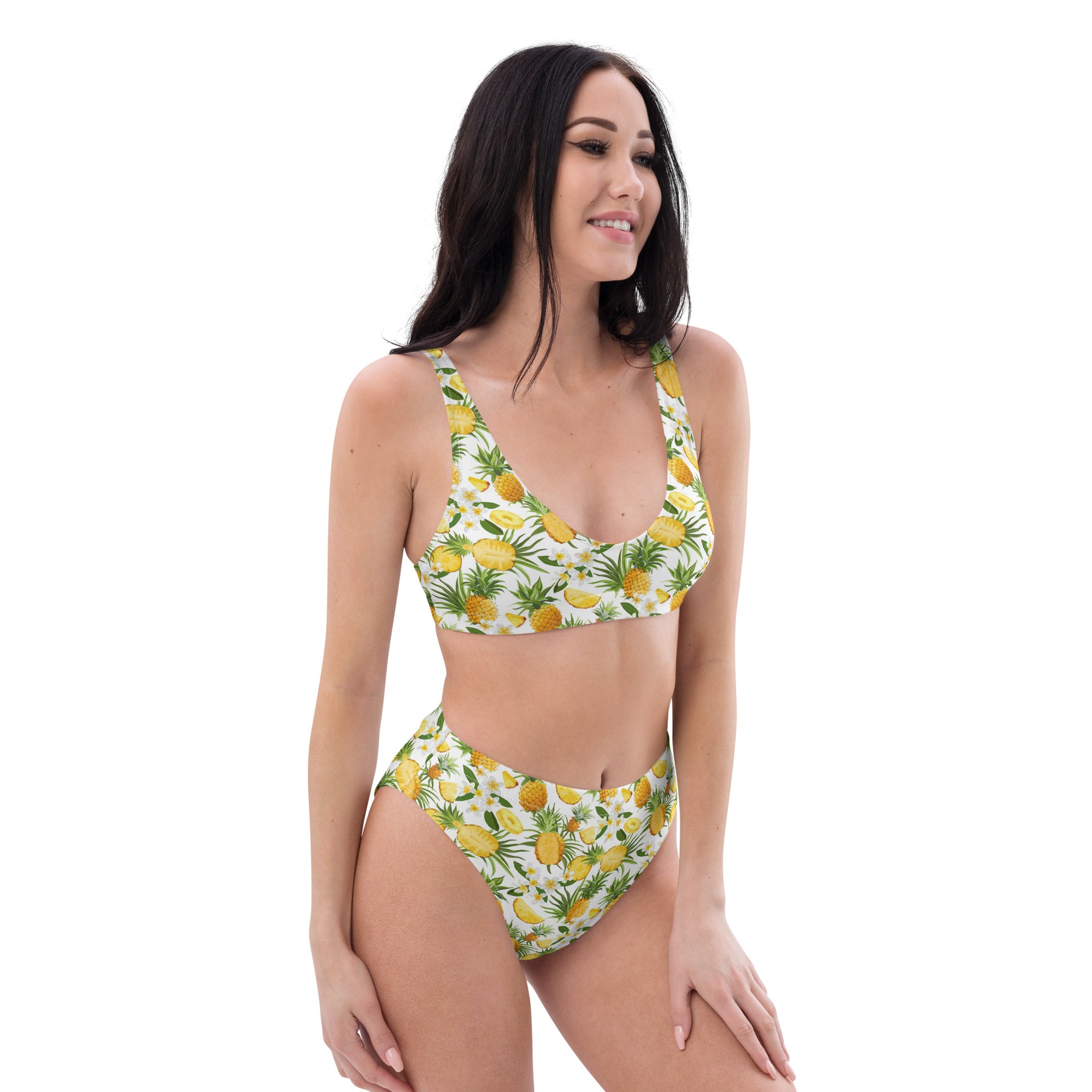 Printed rPET High-Waist Sport Bikini - Pineapples & Plumeria (White)