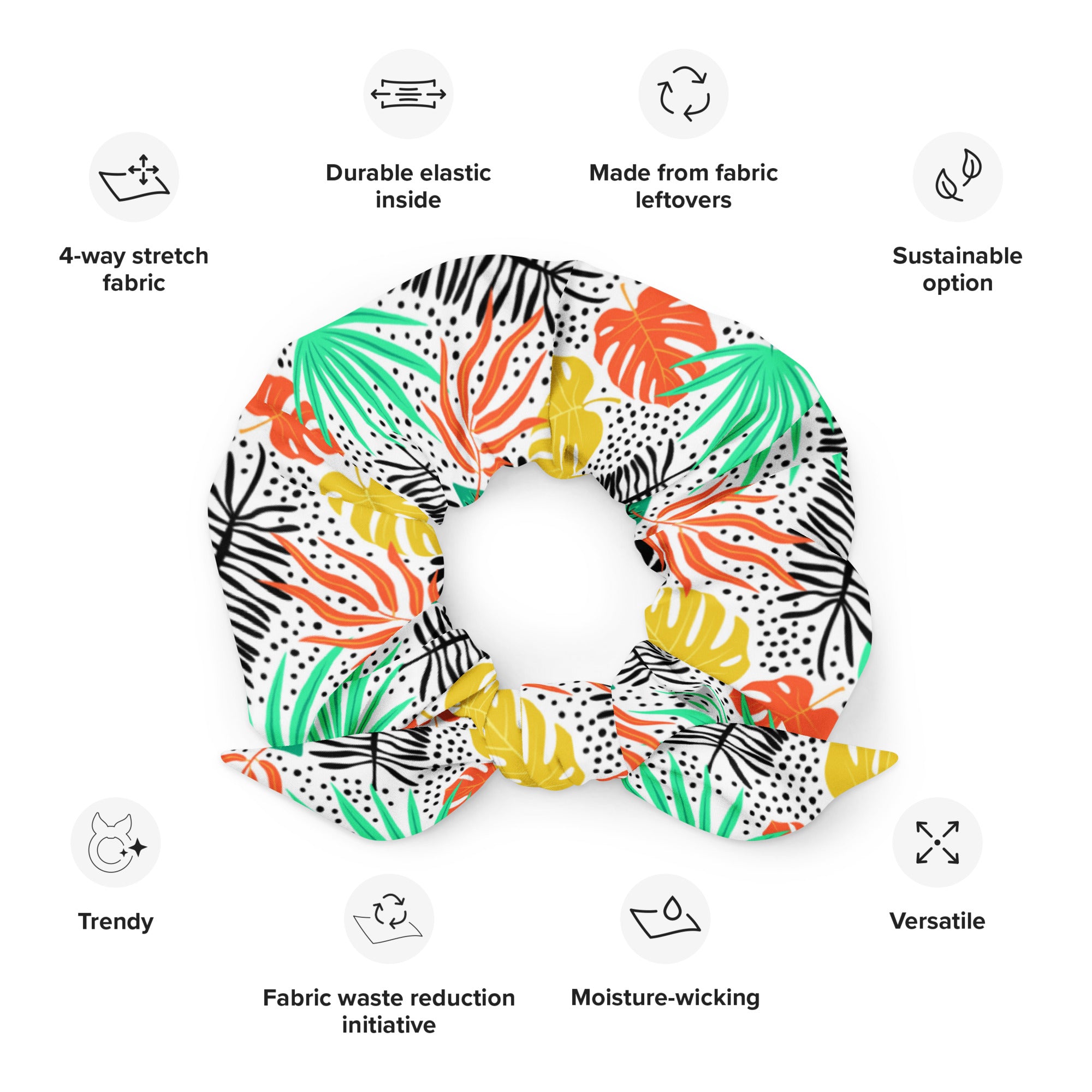 Scrunchie de tela reciclada estampada - Estampado tropical en cítricos