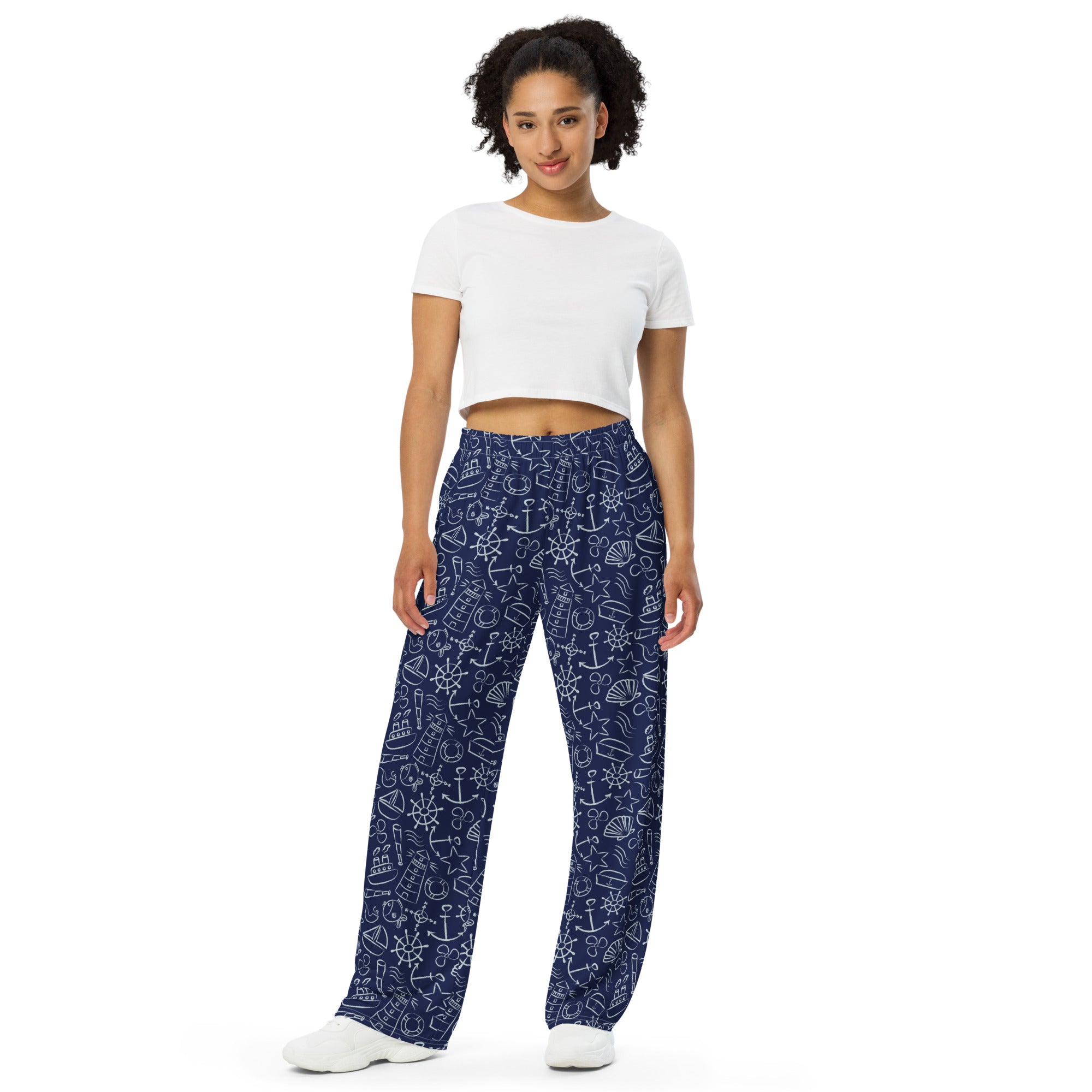 Printed Wide-Leg Pants - Nautical Print in Navy