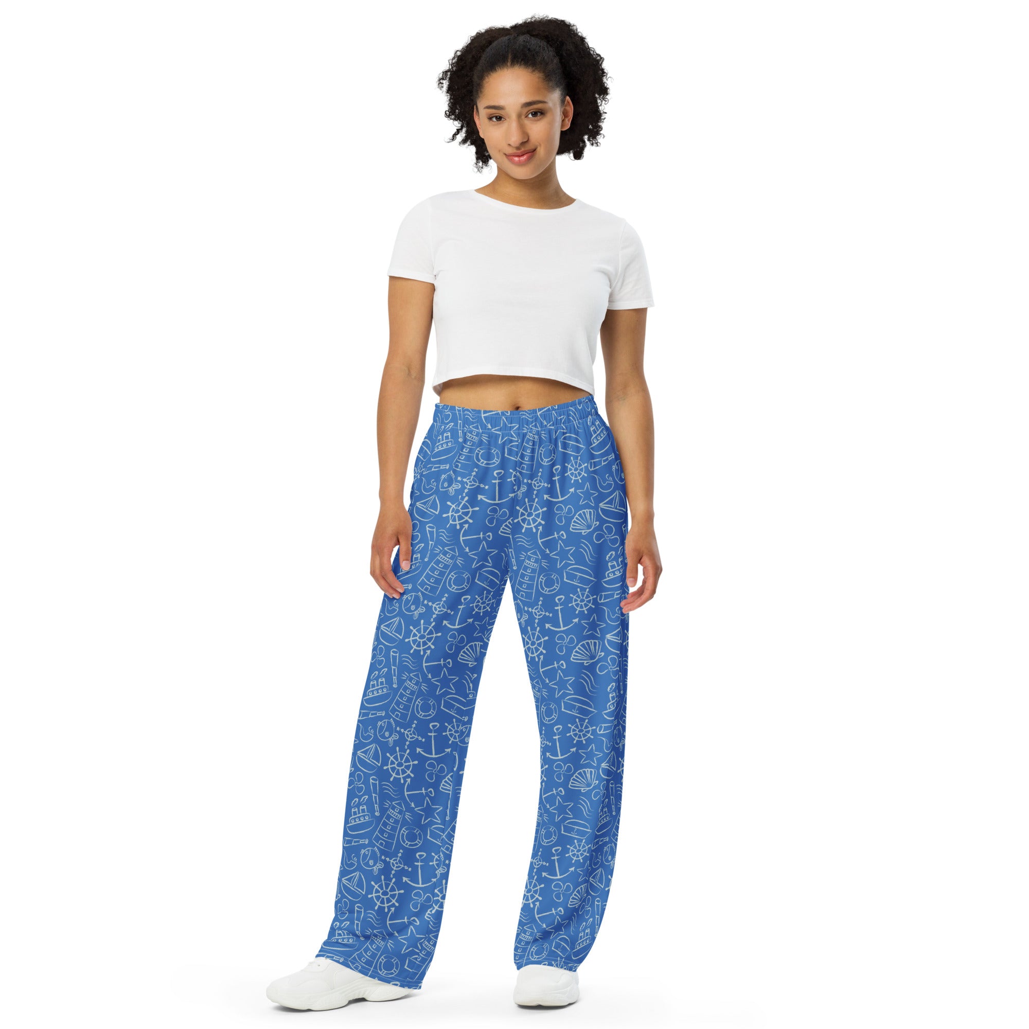 Printed Wide-Leg Pants - Nautical Print in Cobalt