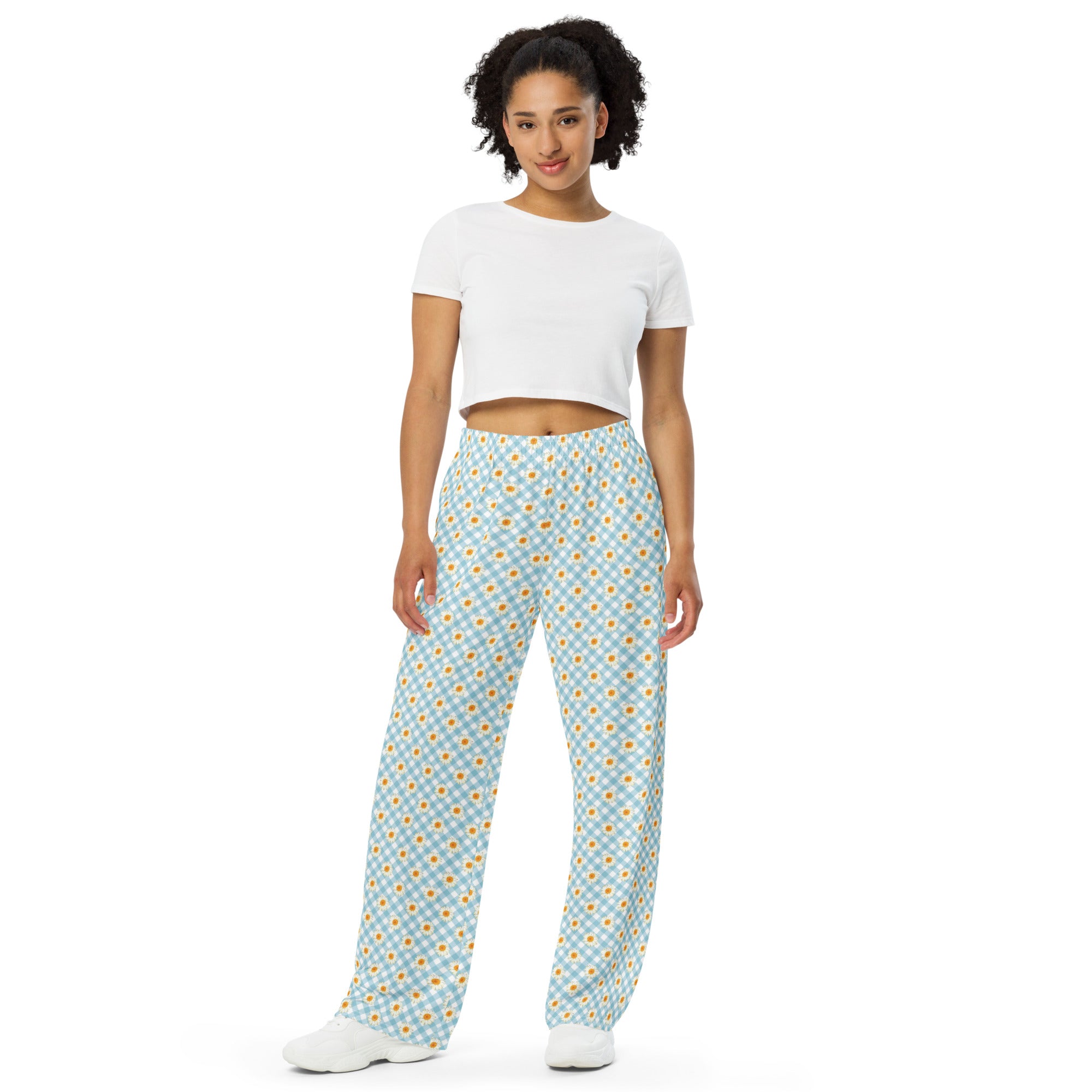 Printed Wide-Leg Pants - Blue Gingham Daisies