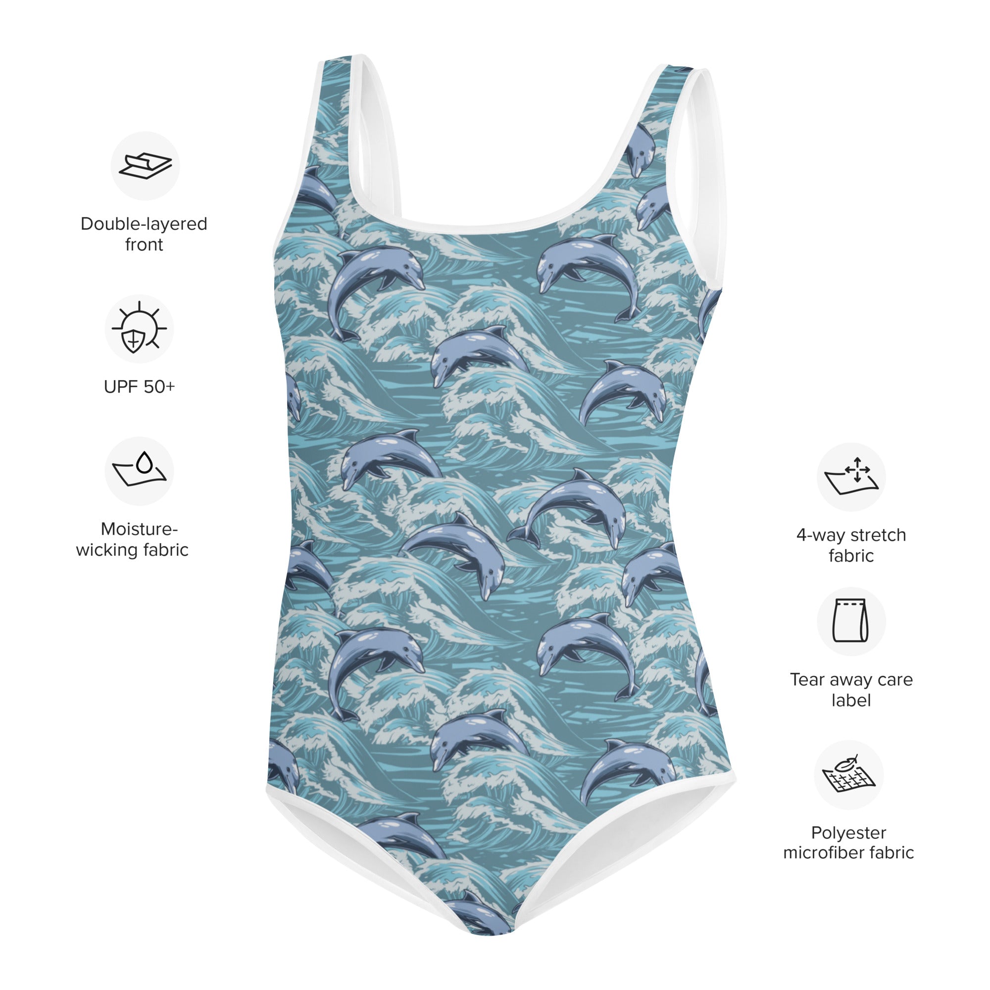 Bañador estampado juvenil - Delfines y olas en azul pizarra