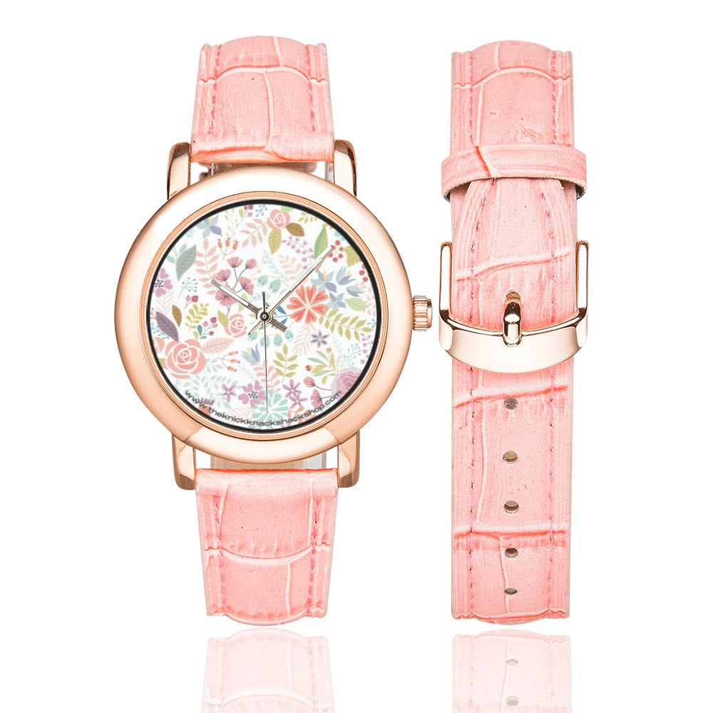 Women's Rose Gold Leather Strap Watch - Antique Floral