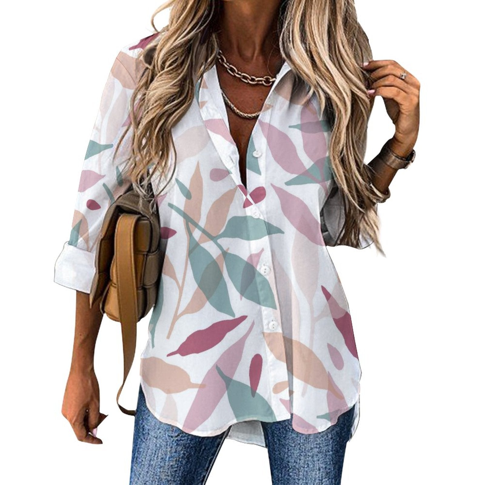 Women's Irregular Hem Button-Up Shirt - Botanicals in Mauve