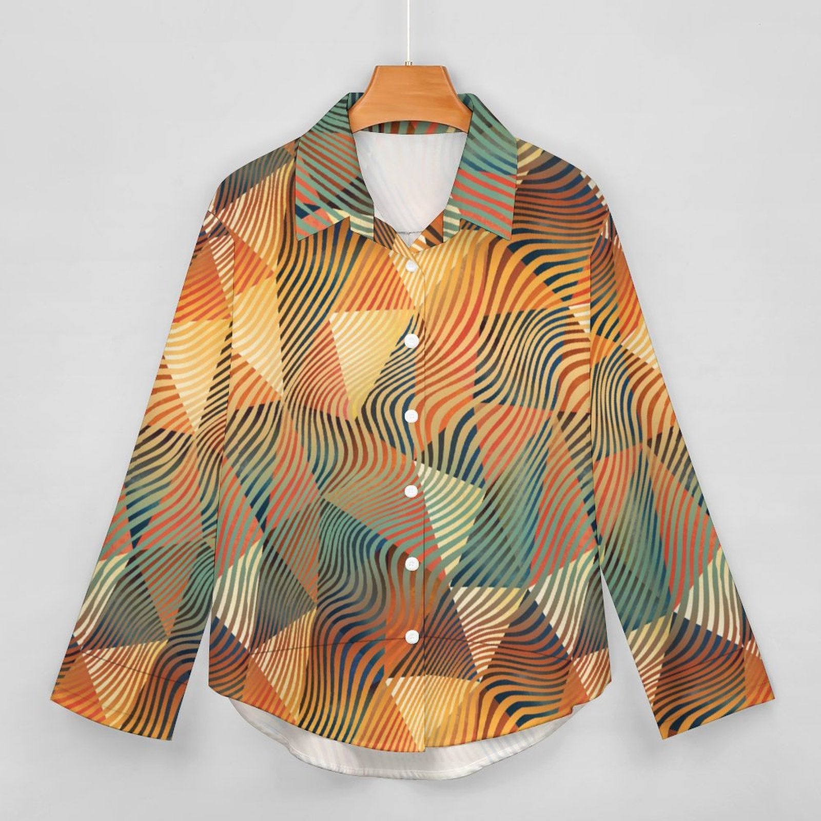 Women's Irregular Hem Button-Up Shirt - Geometric Waves