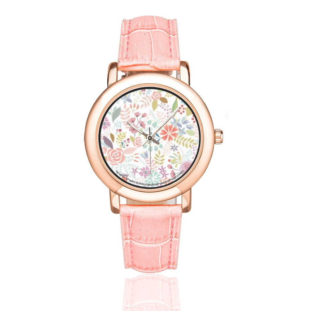 Women's Rose Gold Leather Strap Watch - Antique Floral