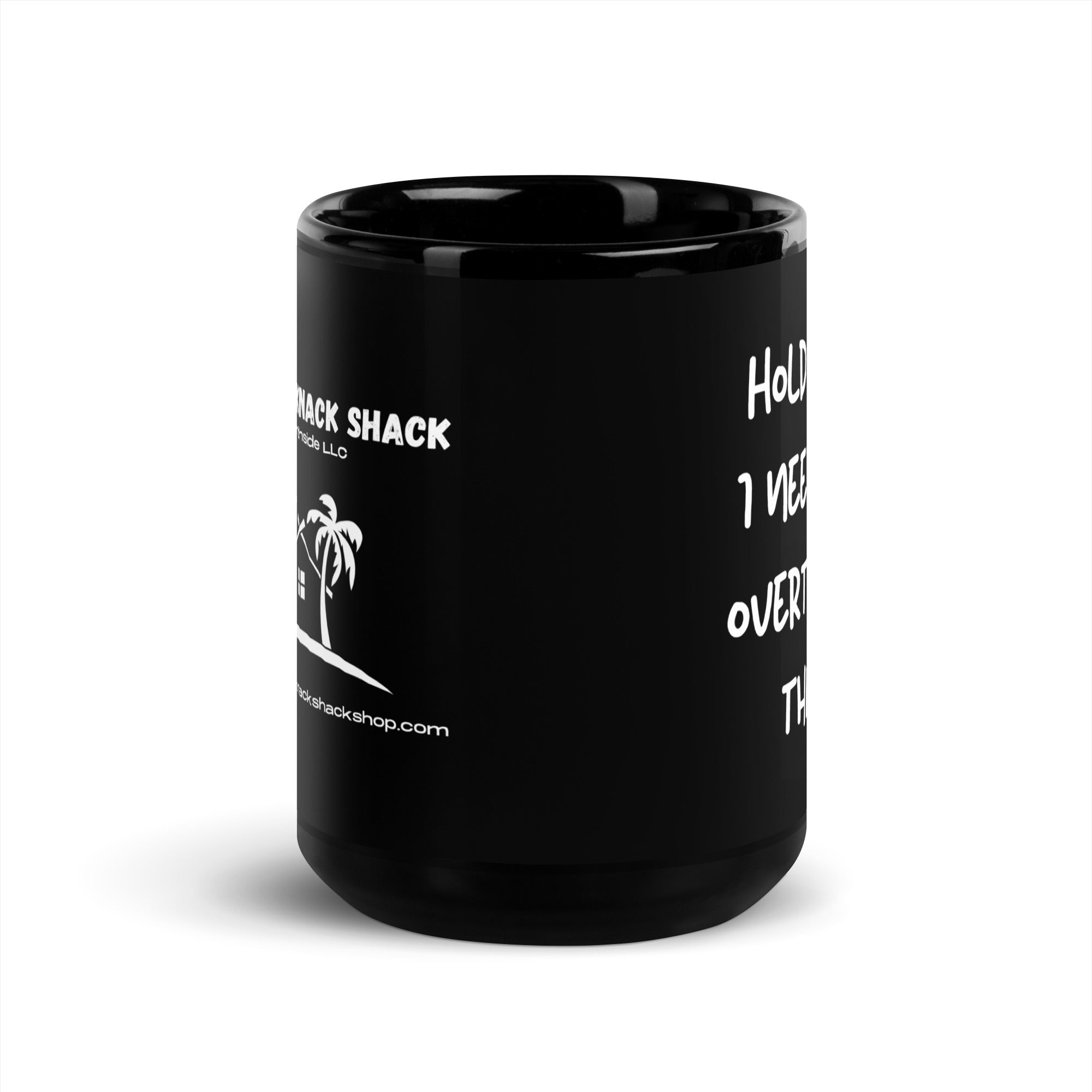 Taza negra brillante: Necesito pensar demasiado en esto (con la mano en la izquierda)