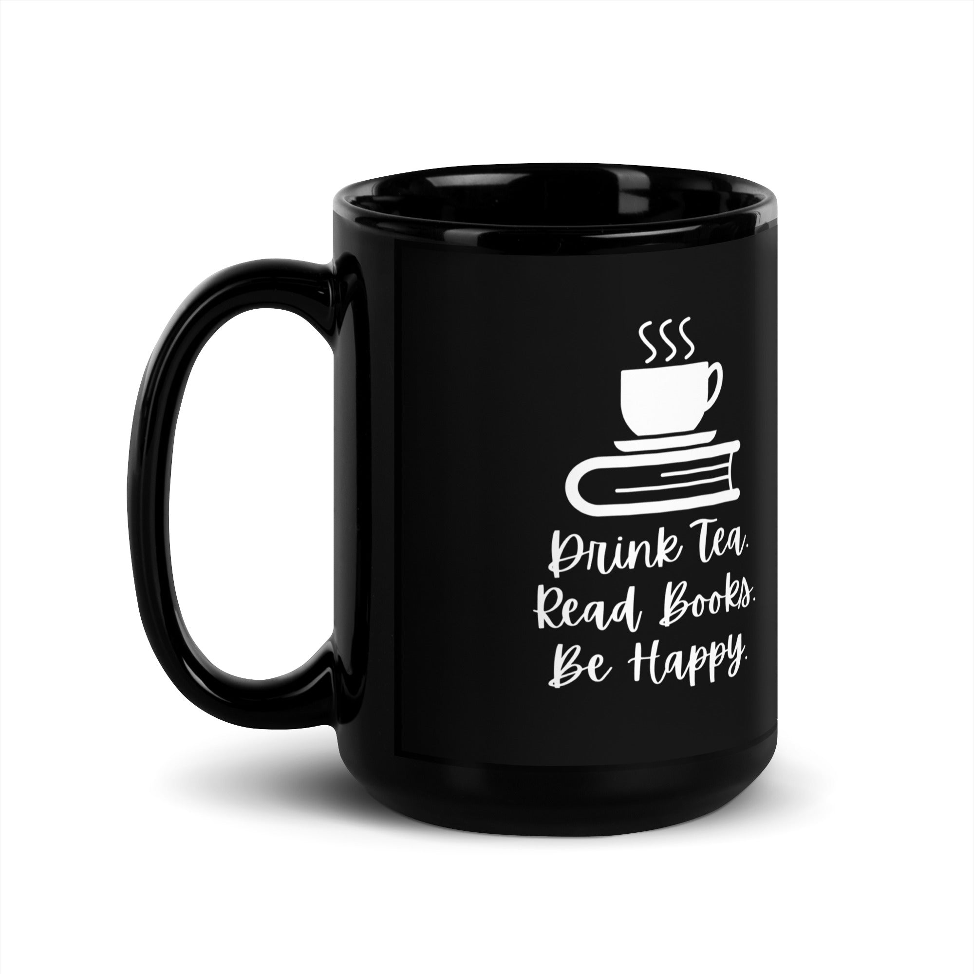 Taza negra brillante: beber té, leer libros, ser feliz (mano derecha)