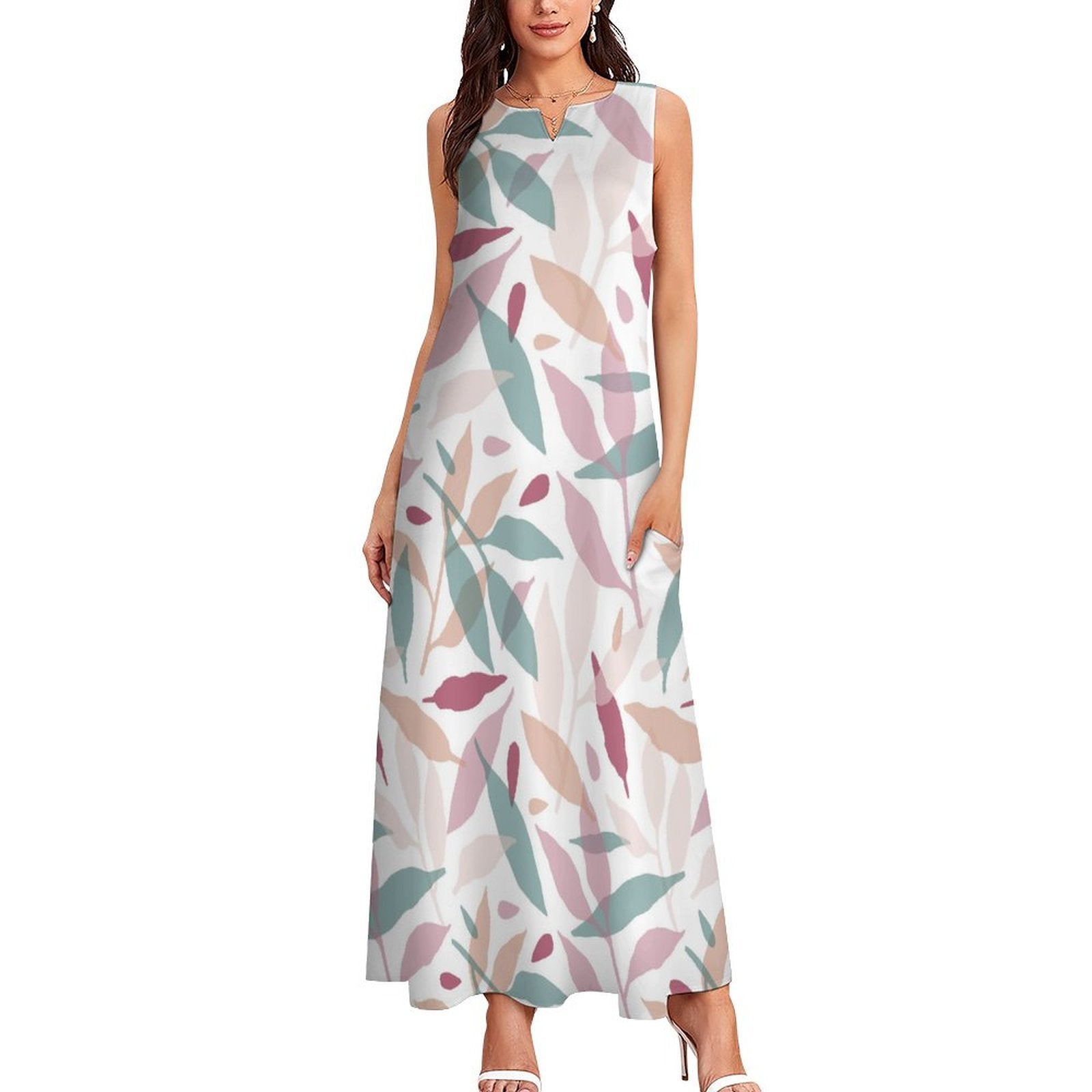 Sleeveless Ankle-Length Shift Dress - Botanicals in Mauve