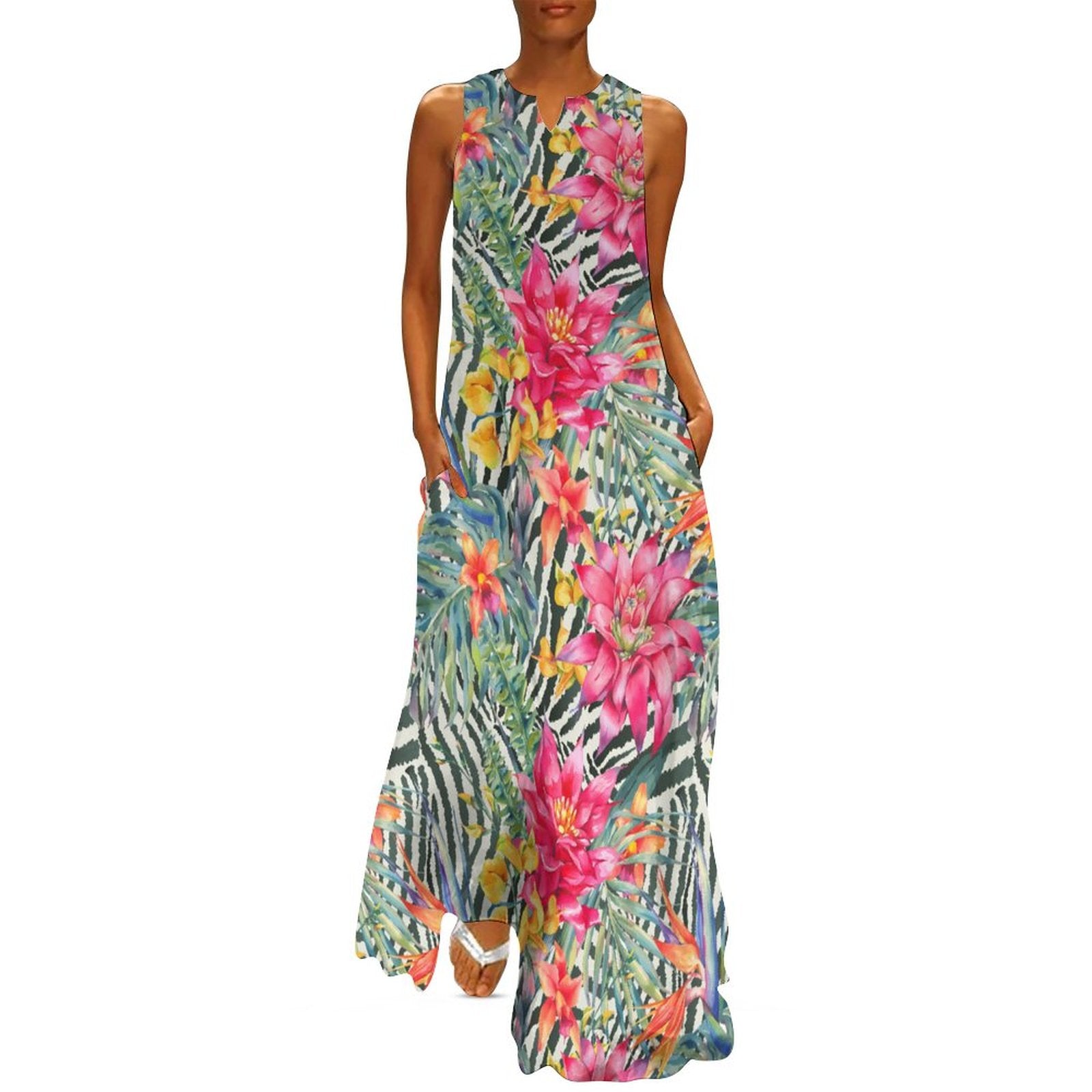 Sleeveless Ankle-Length Shift Dress - Bromeliad & Zebra