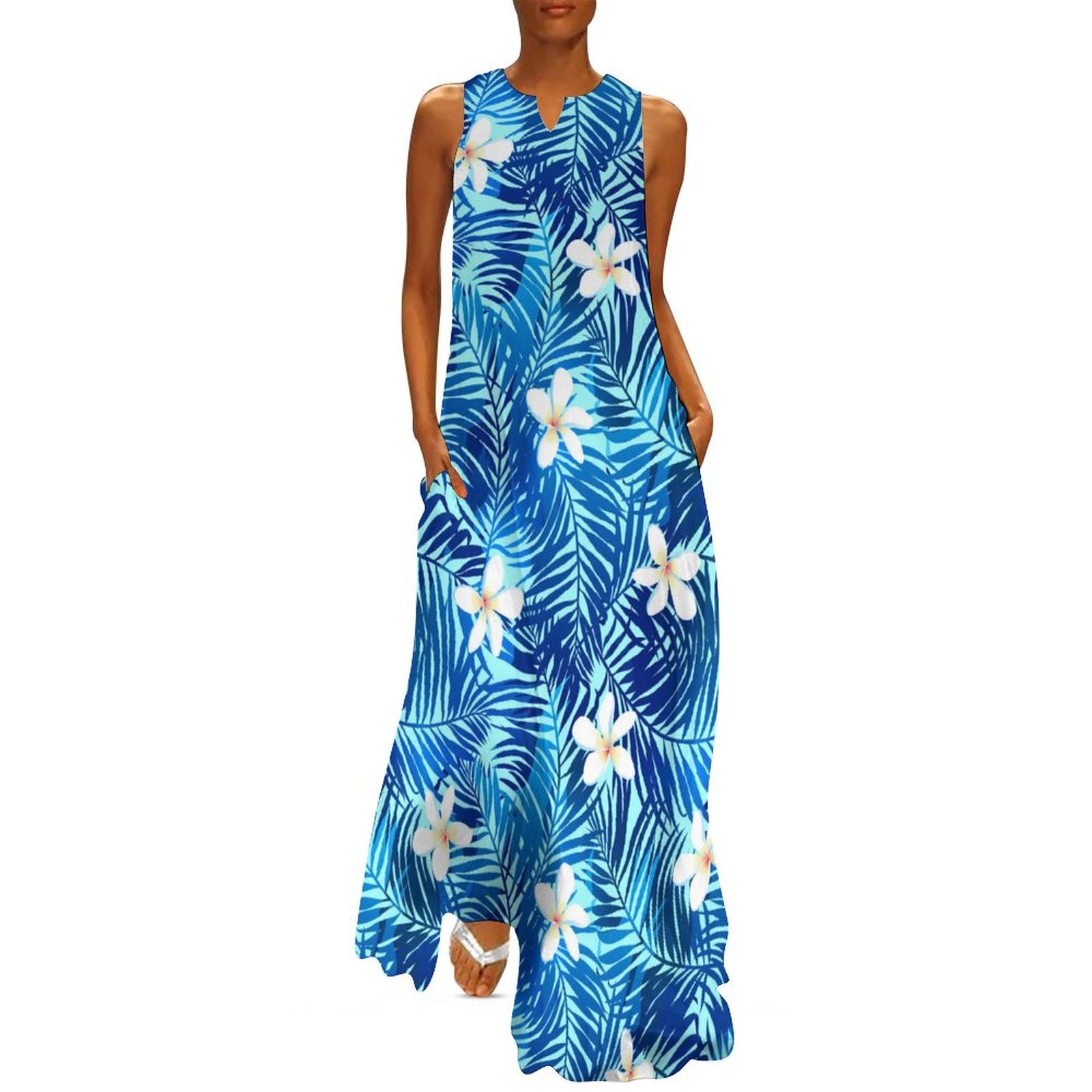 Sleeveless Ankle-Length Shift Dress - Plumeria & Palms